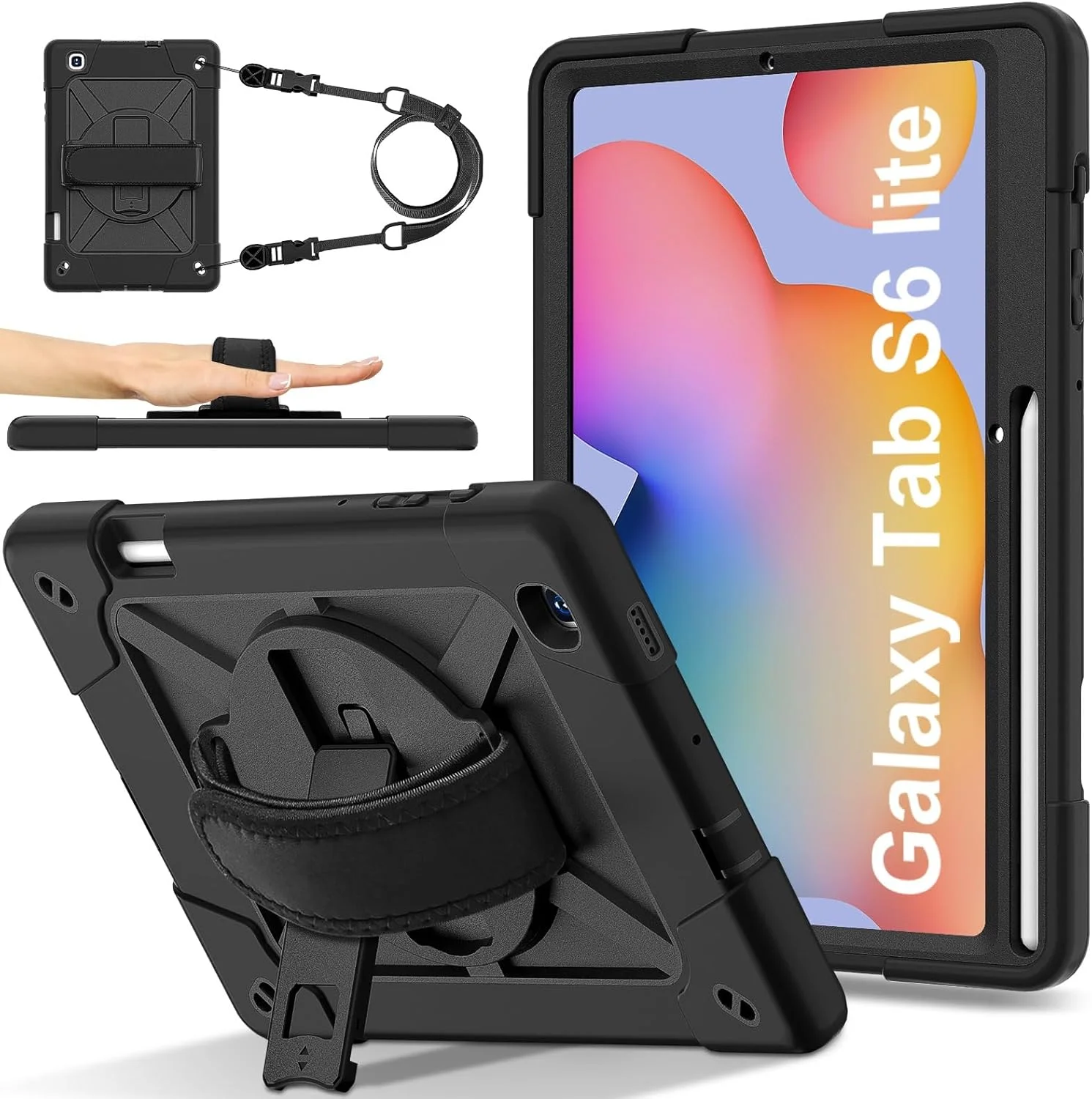 کیف تبلت، سازگار با تبلت سامسونگ گلکسی تب S6 Lite 10.4 P613/P619 2022، محافظ بدنه کامل مقاوم در برابر ضربه با بند مچی، پایه و محافظ جای مداد (مشکی) کیف تبلت، سازگار با تبلت سامسونگ گلکسی تب S6 Lite 10.4 P613/P619 2022، محافظ بدنه کامل مقاوم در برابر ضربه با بند مچی، پایه و محافظ جای مداد (مشکی)