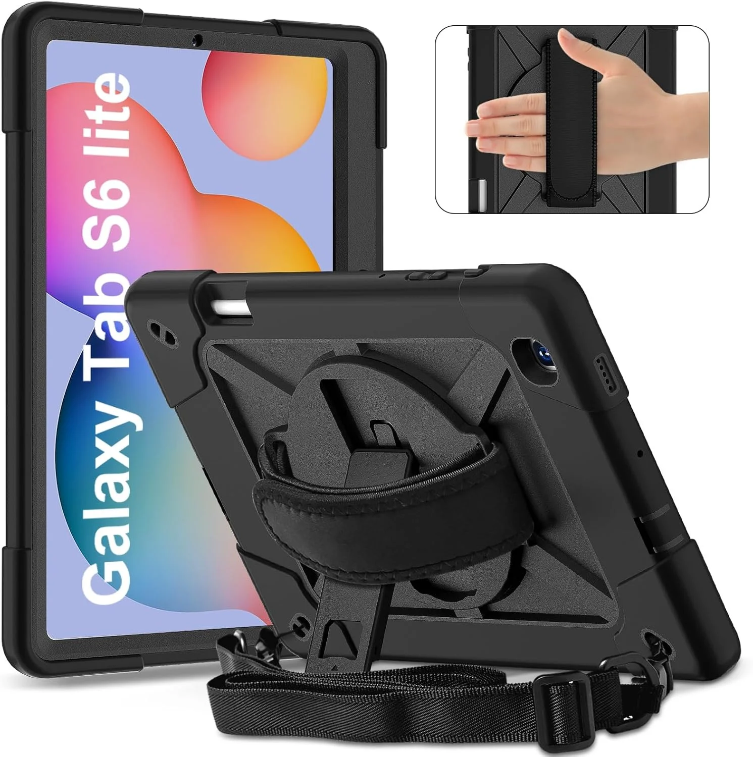 کیف تبلت، سازگار با تبلت سامسونگ گلکسی تب S6 Lite 10.4 P613/P619 2022، محافظ بدنه کامل مقاوم در برابر ضربه با بند مچی، پایه و محافظ جای مداد (مشکی) کیف تبلت، سازگار با تبلت سامسونگ گلکسی تب S6 Lite 10.4 P613/P619 2022، محافظ بدنه کامل مقاوم در برابر ضربه با بند مچی، پایه و محافظ جای مداد (مشکی)