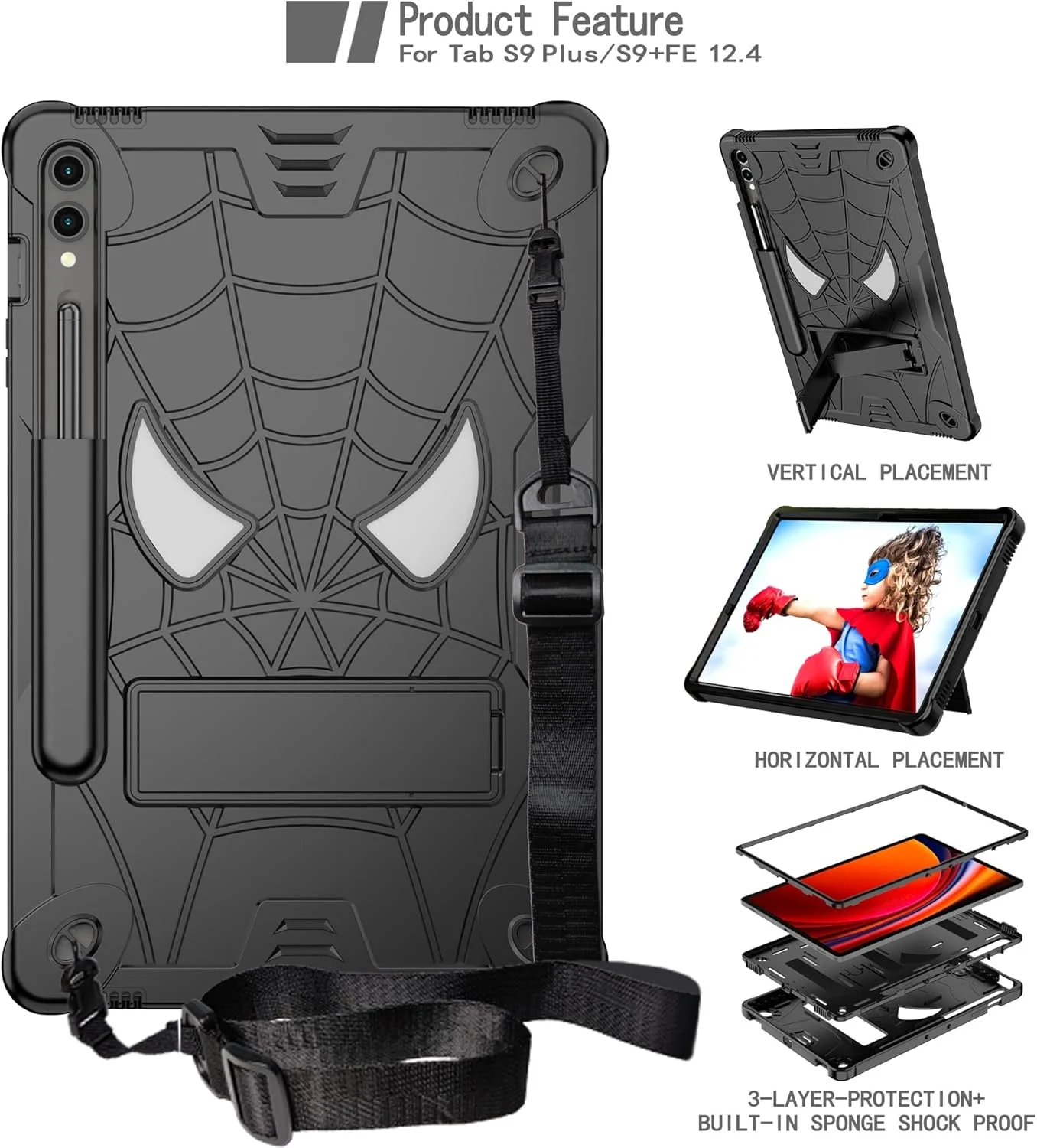 کیف محافظ تبلت کودکانه سازگار با Samsung Galaxy Tab S9 Plus 12.4" 2023 X810/X816B/X818U، کاور محافظ ضد ضربه و مقاوم با هولدر داخلی + بند شانه کیف محافظ تبلت کودکانه سازگار با Samsung Galaxy Tab S9 Plus 12.4" 2023 X810/X816B/X818U، کاور محافظ ضد ضربه و مقاوم با هولدر داخلی + بند شانه