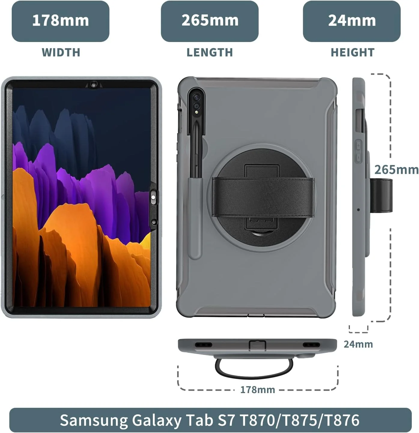 ZOMUN Tablet Case for Samsung Galaxy Tab S7 [SM-T870 / SM-T875 / SM-T876B], Hybrid Shockproof Rugged Protection Cover,360 Degree Rotating Kickstand, Hand Strap