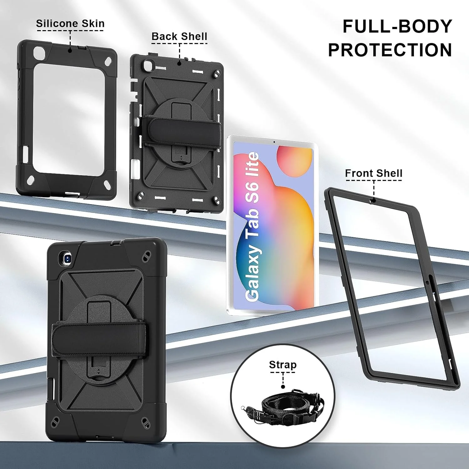 کیف تبلت، سازگار با تبلت سامسونگ گلکسی تب S6 Lite 10.4 P613/P619 2022، کاور محافظ ضد ضربه تمام بدنه با بند مچی و استند، محافظ جای مدادی (مشکی) کیف تبلت، سازگار با تبلت سامسونگ گلکسی تب S6 Lite 10.4 P613/P619 2022، کاور محافظ ضد ضربه تمام بدنه با بند مچی و استند، محافظ جای مدادی (مشکی)