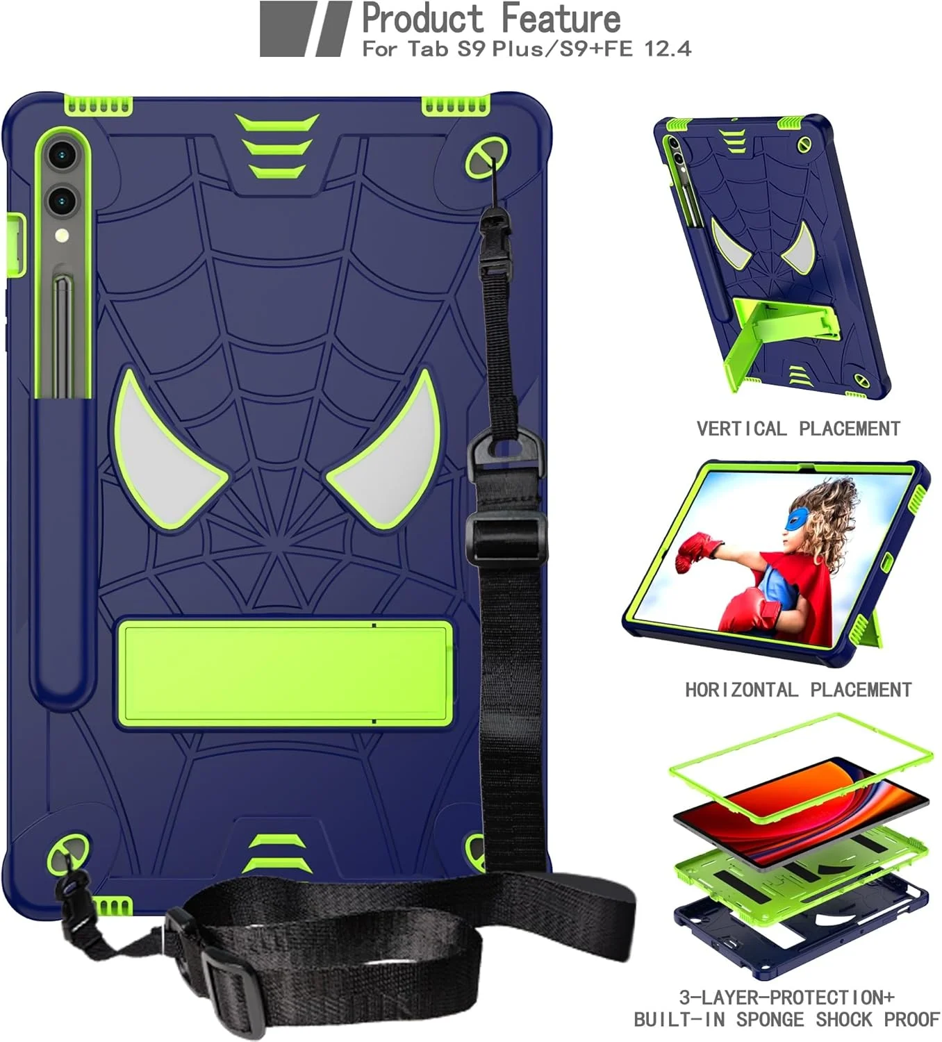 کیف تبلت کودکانه سازگار با تبلت سامسونگ گلکسی تب S9 پلاس 12.4 اینچ 2023 X810/X816B/X818U، کاور محافظ ضد ضربه و مقاوم با پایه داخلی + بند شانه ای کیف تبلت کودکانه سازگار با تبلت سامسونگ گلکسی تب S9 پلاس 12.4 اینچ 2023 X810/X816B/X818U، کاور محافظ ضد ضربه و مقاوم با پایه داخلی + بند شانه ای