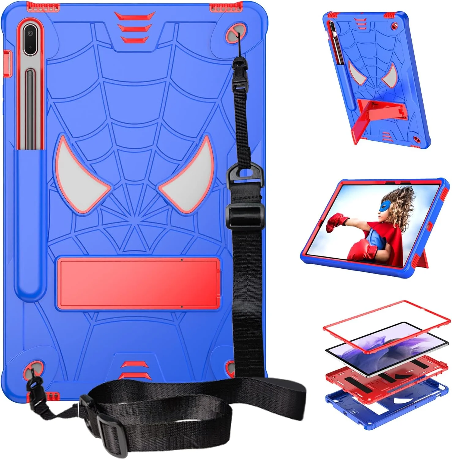 کیف تبلت کودکانه سازگار با Samsung Galaxy Tab S8 Plus/S7 Plus 12.4 اینچ SM-X800/X806 SM-T970/T975، کاور محافظ ضد ضربه و مقاوم با پایه داخلی + بند شانه