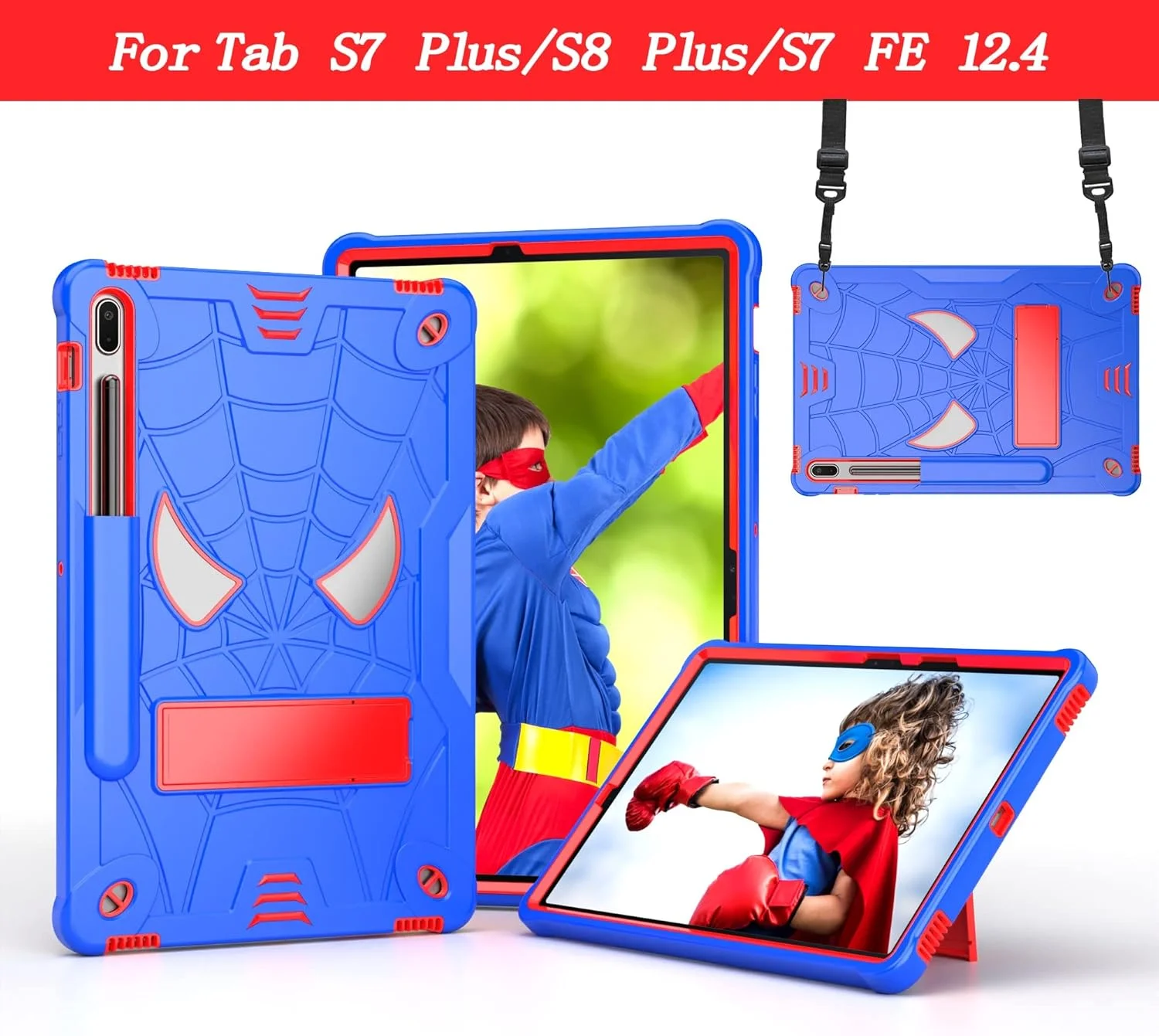 کیف تبلت کودکانه سازگار با Samsung Galaxy Tab S8 Plus/S7 Plus 12.4 اینچ SM-X800/X806 SM-T970/T975، کاور محافظ ضد ضربه و مقاوم با پایه داخلی + بند شانه