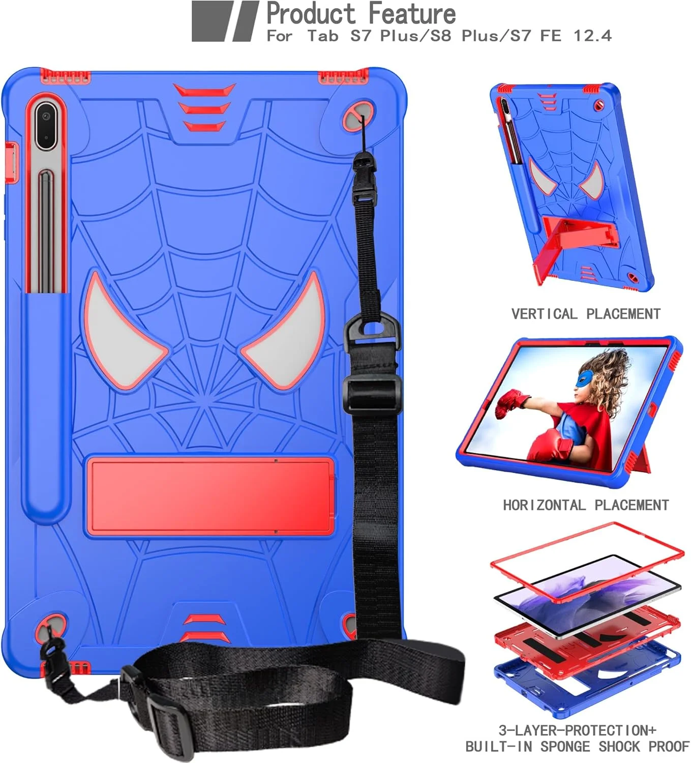 کیف تبلت کودکانه سازگار با تبلت سامسونگ گلکسی تب S8 پلاس/S7 پلاس 12.4 اینچ SM-X800/X806 SM-T970/T975، کاور محافظ ضد ضربه و مقاوم با پایه داخلی + بند شانه کیف تبلت کودکانه سازگار با تبلت سامسونگ گلکسی تب S8 پلاس/S7 پلاس 12.4 اینچ SM-X800/X806 SM-T970/T975، کاور محافظ ضد ضربه و مقاوم با پایه داخلی + بند شانه