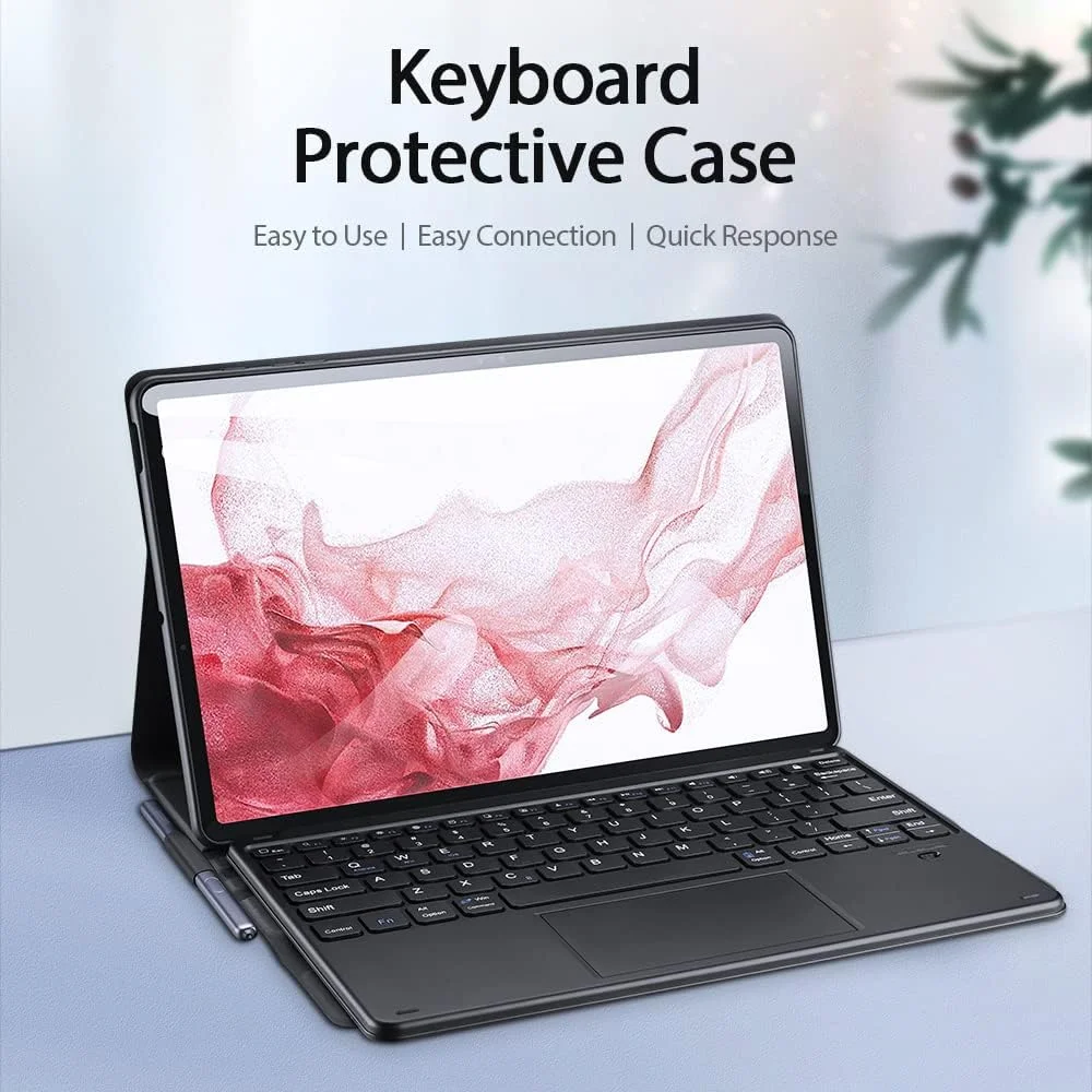 کیبورد بلوتوثی سری TK داکس داکیس برای سامسونگ گلکسی تب S8 پلاس / S7 FE / S7 پلاس - کیبورد جداشدنی با ترک‌پد چند لمسی، کاور استند چرمی PU باریک - مشکی