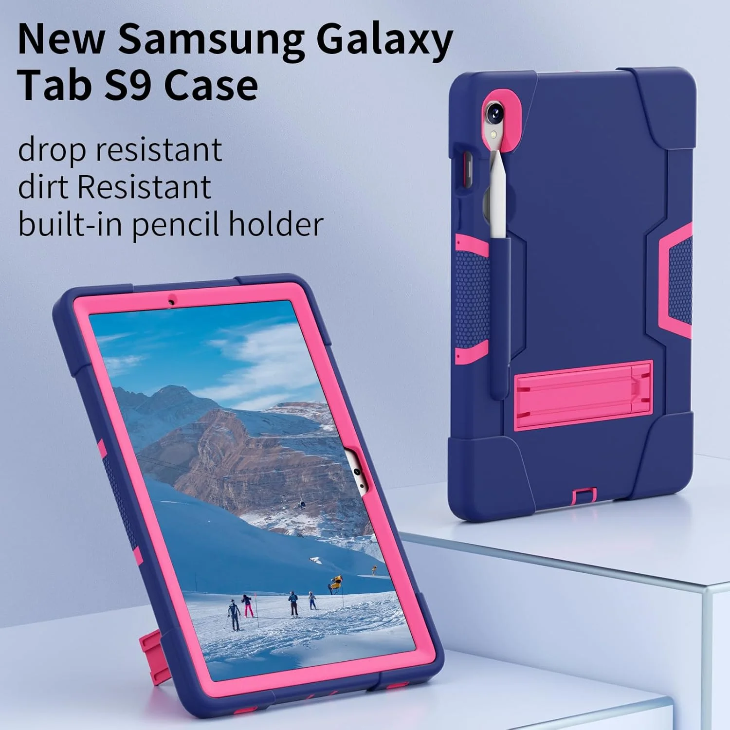 کیف تبلت با پایه سازگار با Samsung Galaxy S9 FE 11 اینچ SM-X510/516 (2023)، کاور محافظ سنگین هیبریدی، کیف محافظ مقاوم در برابر ضربه TPU با پایه. سرمه ای + صورتی کیف تبلت با پایه سازگار با Samsung Galaxy S9 FE 11 اینچ SM-X510/516 (2023)، کاور محافظ سنگین هیبریدی، کیف محافظ مقاوم در برابر ضربه TPU با پایه. سرمه ای + صورتی
