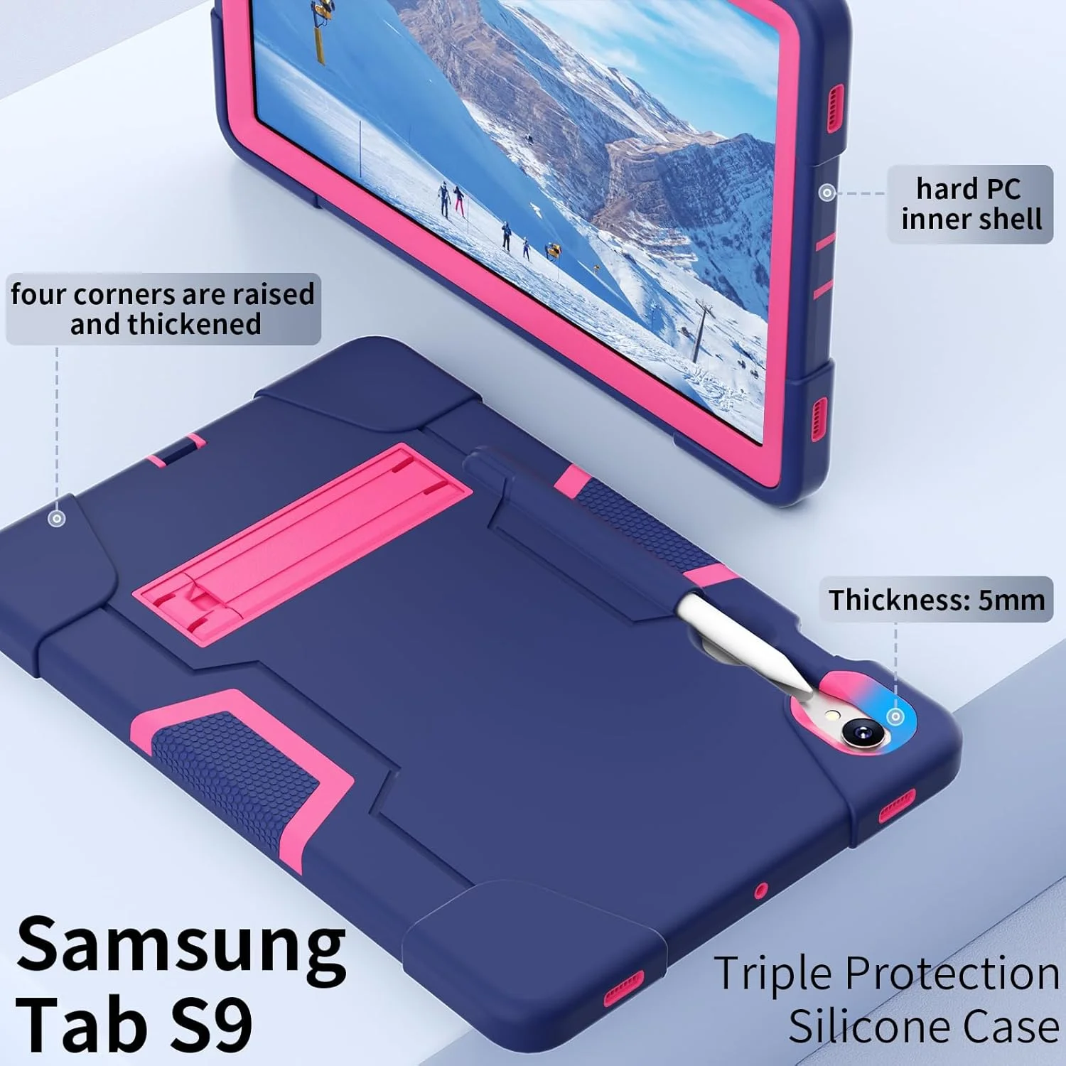 کیف تبلت با پایه سازگار با Samsung Galaxy S9 FE 11 اینچ SM-X510/516 (2023)، کاور محافظ سنگین هیبریدی، کیف محافظ مقاوم در برابر ضربه TPU با پایه. سرمه ای + صورتی کیف تبلت با پایه سازگار با Samsung Galaxy S9 FE 11 اینچ SM-X510/516 (2023)، کاور محافظ سنگین هیبریدی، کیف محافظ مقاوم در برابر ضربه TPU با پایه. سرمه ای + صورتی