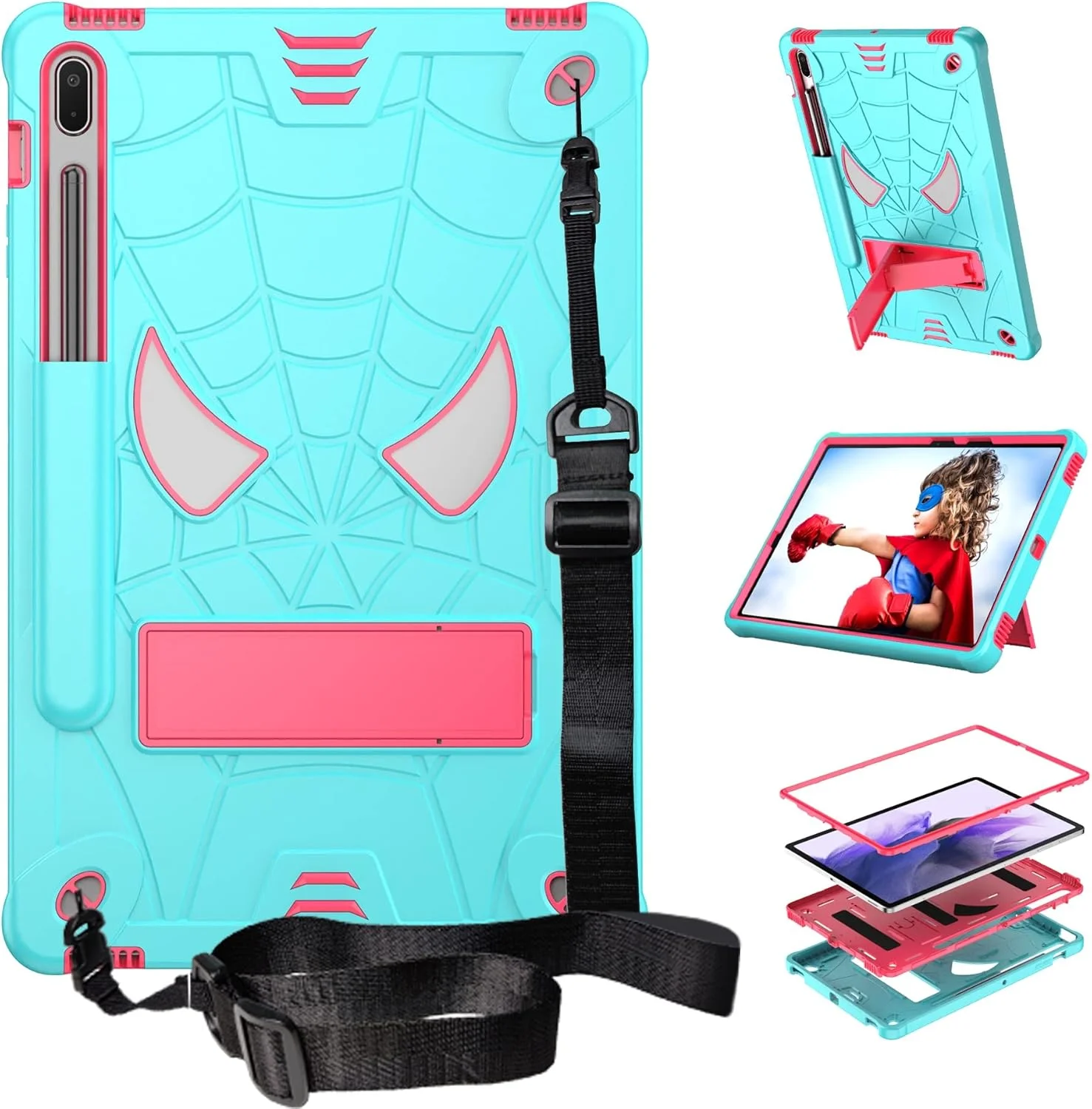 کیف تبلت، محافظ کودکانه تبلت سازگار با Samsung Galaxy Tab S8 Plus/S7 Plus 12.4 اینچ SM-X800/X806 SM-T970/T975، کاور محافظ ضد ضربه و مقاوم با پایه داخلی + بند شانه کیف تبلت، محافظ کودکانه تبلت سازگار با Samsung Galaxy Tab S8 Plus/S7 Plus 12.4 اینچ SM-X800/X806 SM-T970/T975، کاور محافظ ضد ضربه و مقاوم با پایه داخلی + بند شانه