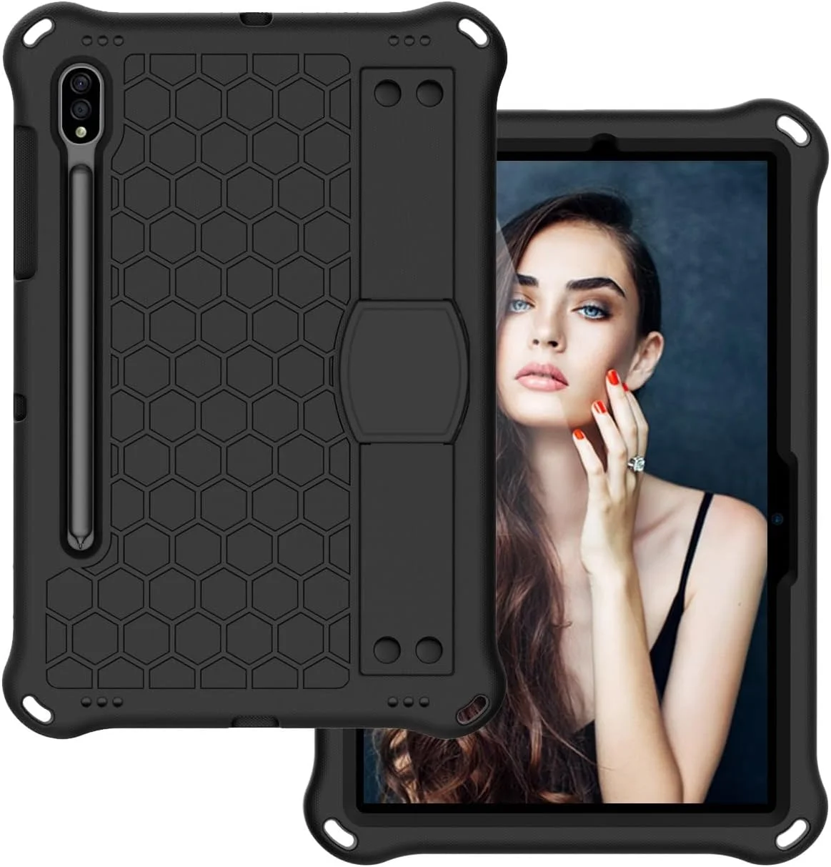 کیف تبلت کودکانه سازگار با Samsung Galaxy Tab S7 11 اینچ و Tab S8 11.0 T870 SM-X700، کیف محافظ مقاوم در برابر ضربه با جای مداد/بند شانه، دسته نرم قابل حمل (مشکی)