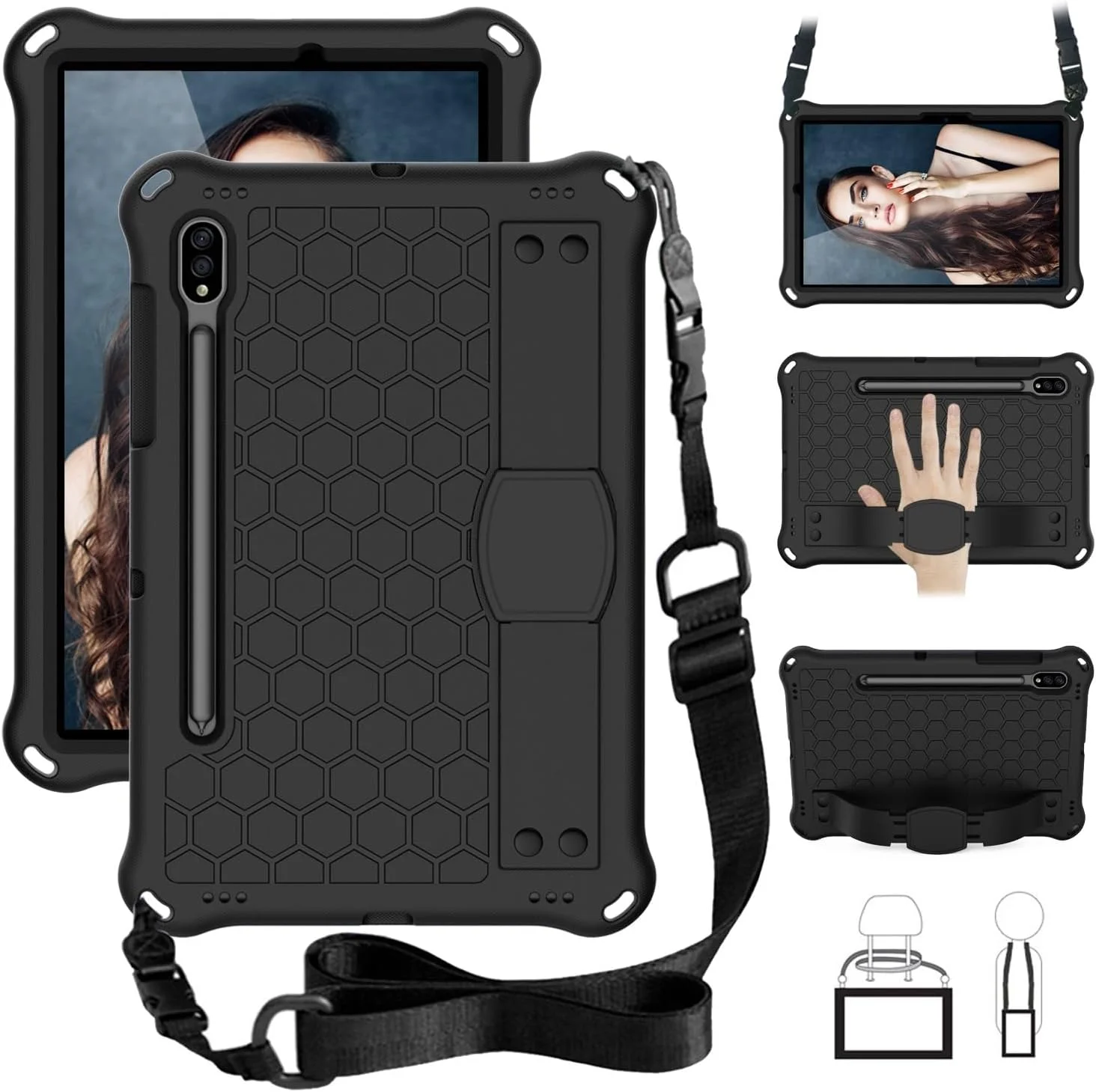 کیف تبلت کودکانه سازگار با Samsung Galaxy Tab S7 11 اینچ و Tab S8 11.0 T870 SM-X700، کیف محافظ مقاوم در برابر ضربه با جای مداد/بند شانه، دسته نرم قابل حمل (مشکی)