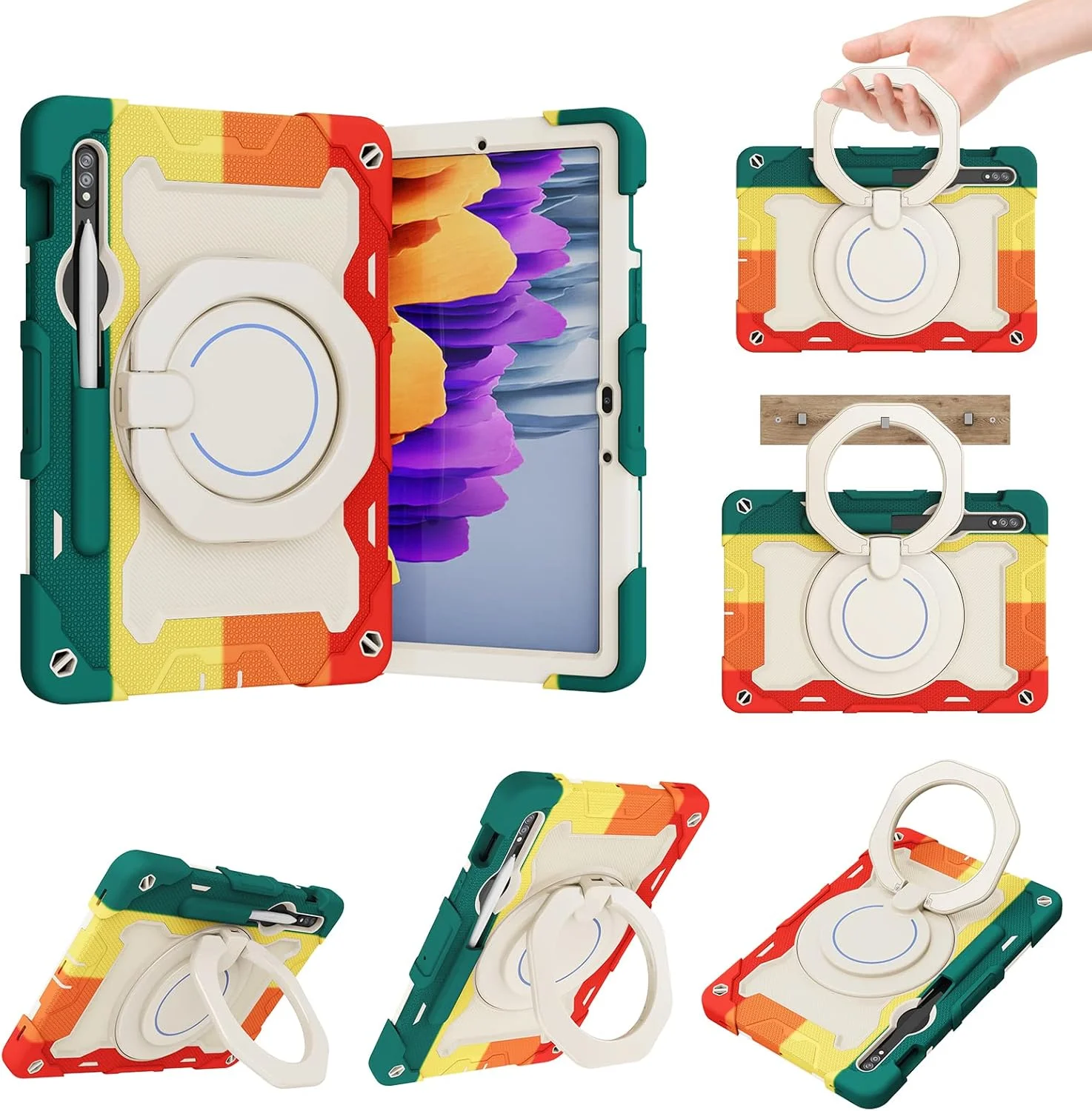 کیف سیلیکونی تبلت Nincyee برای Samsung Galaxy Tab S9، کیف ضد ضربه با نگهدارنده مداد، بند شانه، حلقه بزرگ چرخان آویز پایه برای کودکان