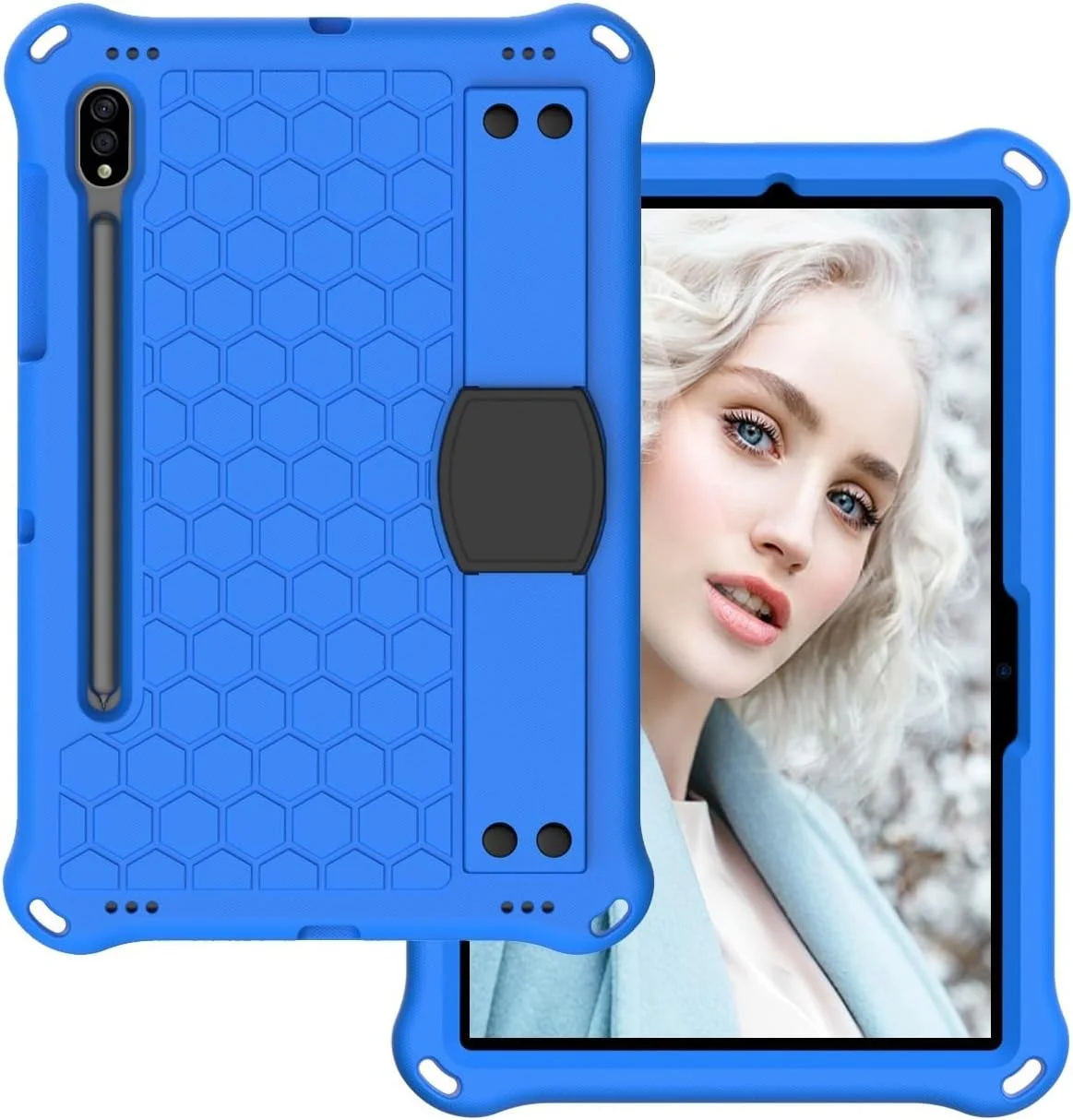 کیف تبلت کودکانه سازگار با تبلت سامسونگ گلکسی تب S9 11 اینچ 2023 مدل X710/X716B/X718U، قاب محافظ مقاوم در برابر ضربه با نگهدارنده قلم/بند شانه، دسته نرم سیلیکونی قابل حمل (آبی+مشکی)
