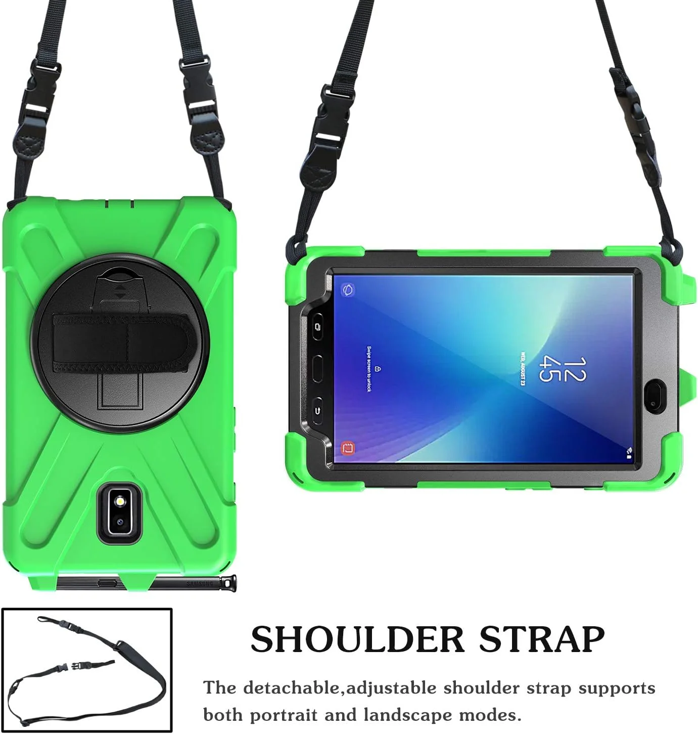 کیف تبلت سازگار با Samsung Galaxy Tab Active 2 8 اینچ 2017 T390/T395/T397 با بند شانه، پایه چرخان و دسته، کیف محافظتی مقاوم در برابر ضربه. سبز کیف تبلت سازگار با Samsung Galaxy Tab Active 2 8 اینچ 2017 T390/T395/T397 با بند شانه، پایه چرخان و دسته، کیف محافظتی مقاوم در برابر ضربه. سبز