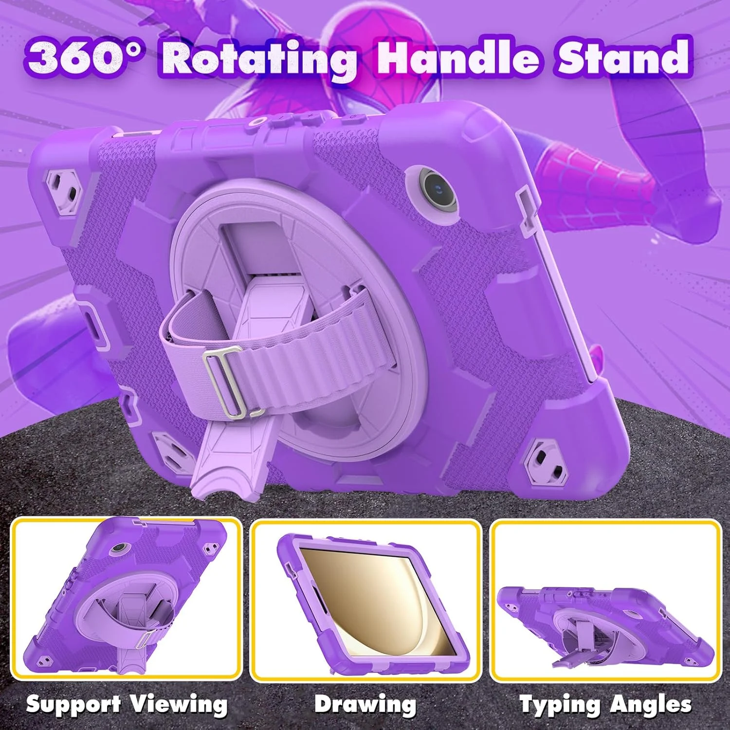 کیف تبلت nincyee برای سامسونگ گلکسی تب A9 8.7 اینچ 2023، کیف سیلیکونی ضد ضربه و مقاوم قهرمان عنکبوتی رنگین کمانی برای کودکان با نگهدارنده مداد، بند شانه، پایه تاشو چرخشی، بند دستی