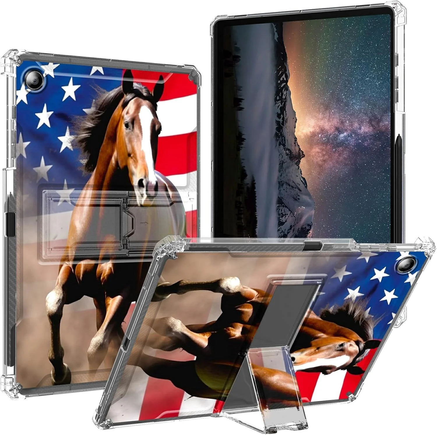 قاب محافظ تبلت BPQOJB برای گلکسی تب A9 پلاس 2023 با پایه نگهدارنده و جای قلم، کاور محافظ شفاف برای تبلت سامسونگ گلکسی تب A9 پلاس 11 اینچی - طرح اسب دونده پرچم آمریکا