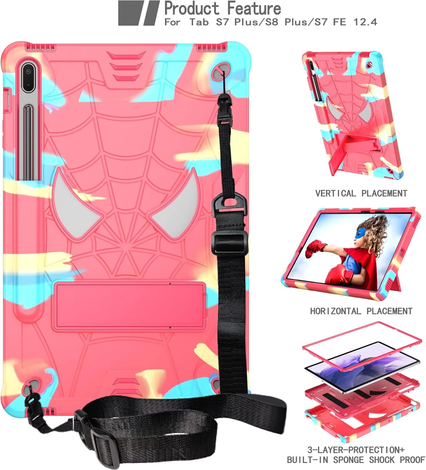 کیف تبلت کودکانه سازگار با تبلت سامسونگ گلکسی تب S7 FE 12.4 اینچ 2021 (SM-T730/ T736)، کاور محافظ ضد ضربه و مقاوم با پایه داخلی + بند شانه