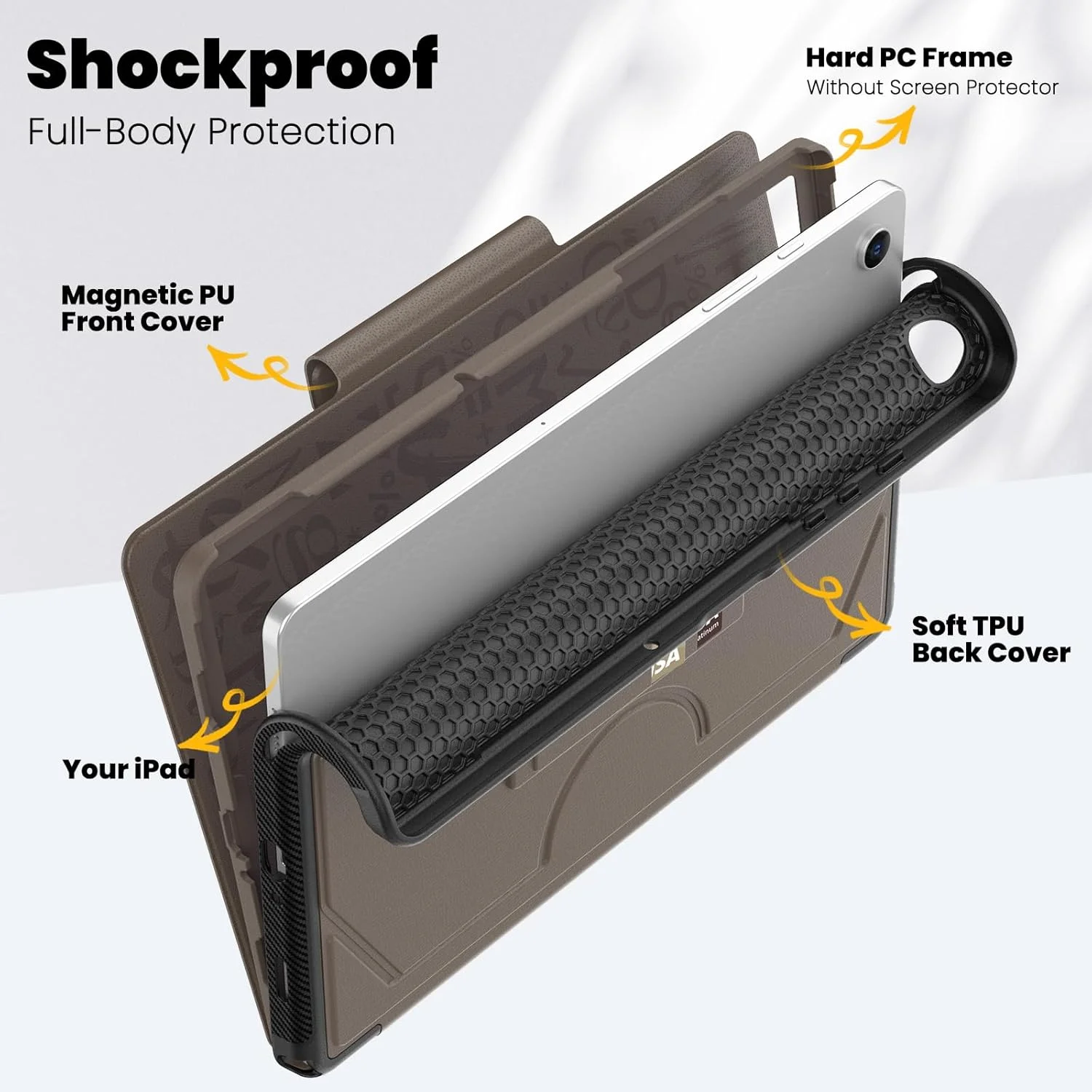 کیف محافظ تبلت سامسونگ گلکسی تب A9 پلاس 11 اینچ 2023 مدل SEYMCY، کیف تجاری ضد ضربه تب A9+، استند مغناطیسی چند زاویه ای، حالت خواب/بیدار خودکار، جای کارت، کیف تبلت سامسونگ A9 پلاس، قهوه ای