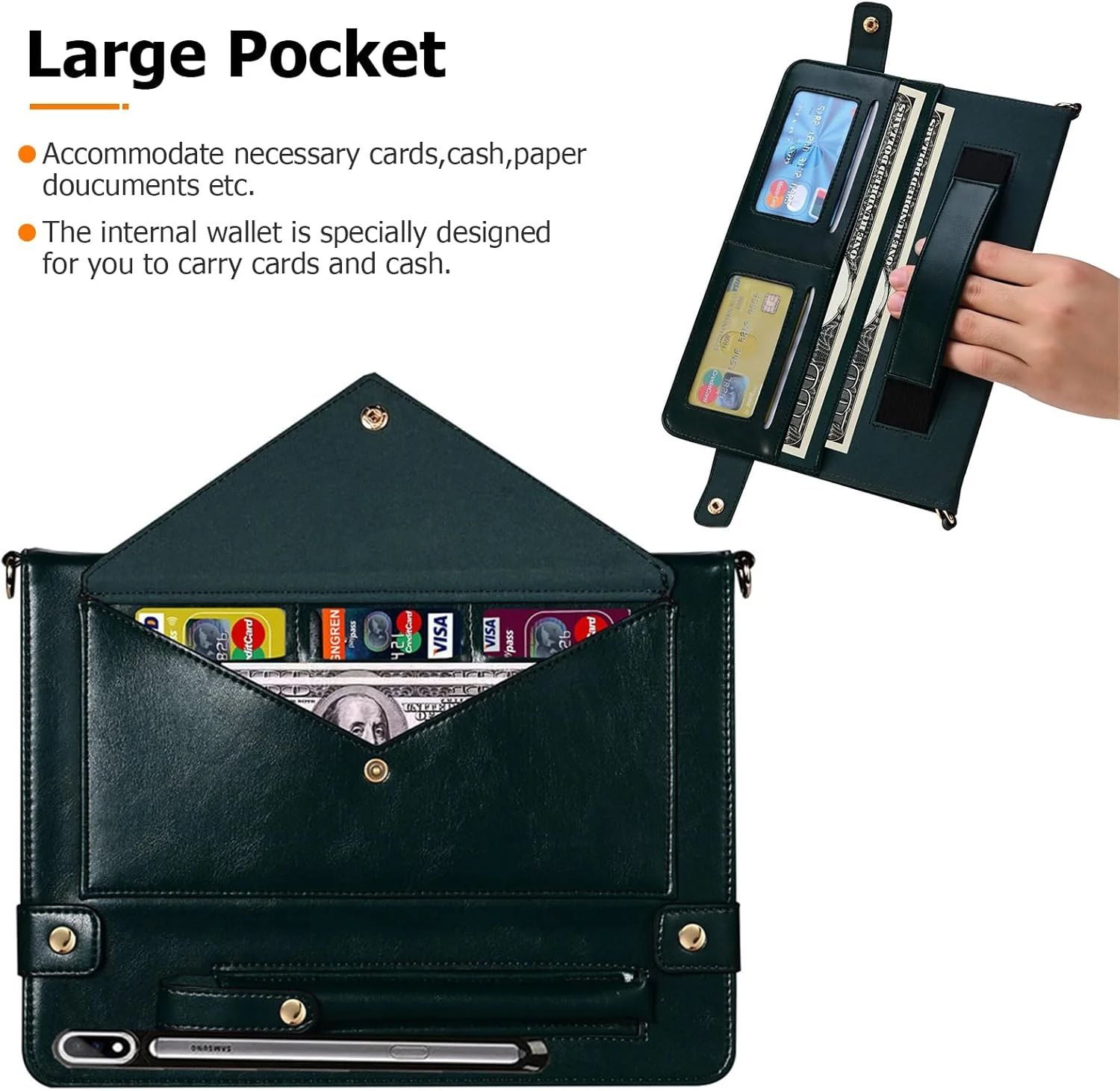 Dteck Case for Samsung Galaxy Tab S9 FE Plus,Galaxy Tab S10+/S9+ Case 12.4",PU Leather Business Stand Protective Cover with S Pen Holder Card Slots Shoulder Hand Strap Handbag Wallet Cover,DarkGreen Dteck Case for Samsung Galaxy Tab S9 FE Plus,Galaxy Tab S10+/S9+ Case 12.4",PU Leather Business Stand Protective Cover with S Pen Holder Card Slots Shoulder Hand Strap Handbag Wallet Cover,DarkGreen