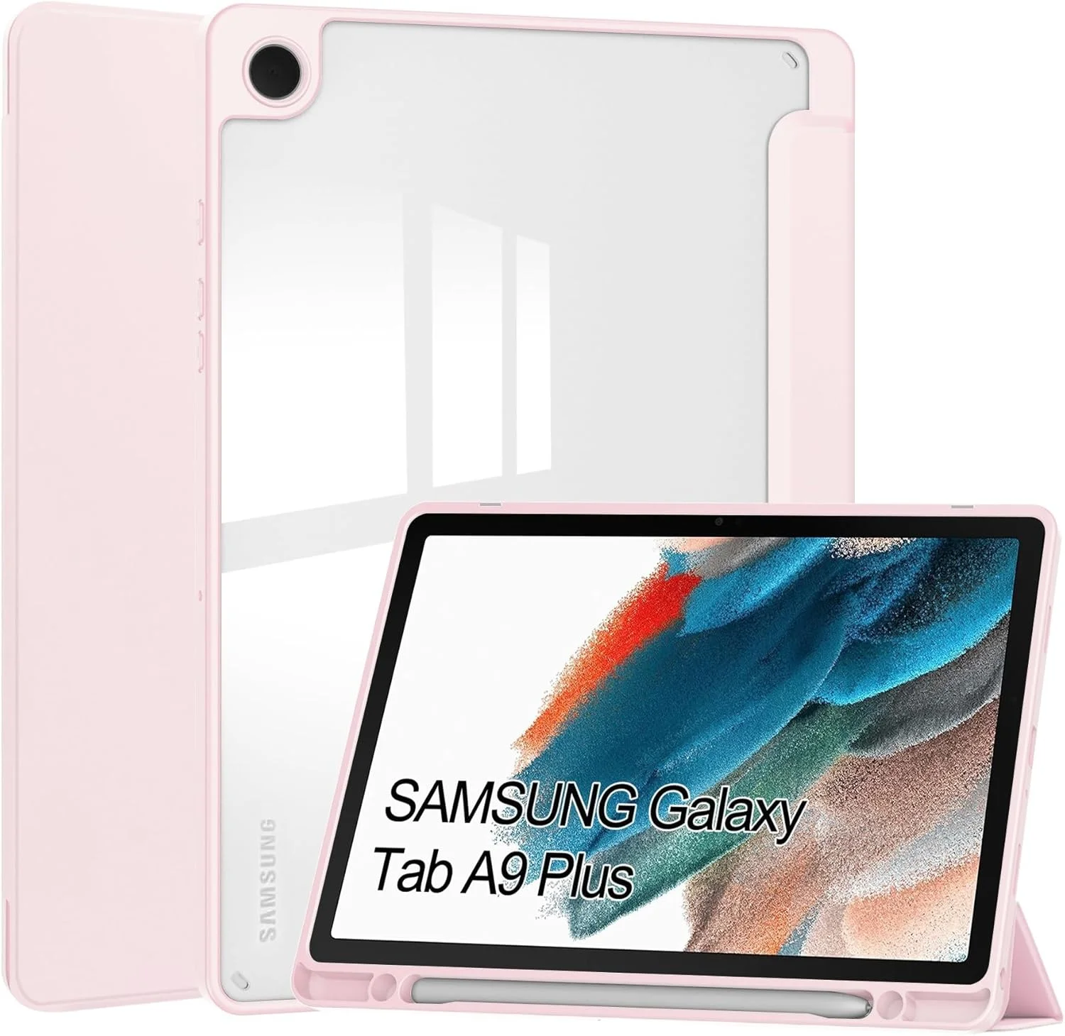 کاور هوشمند تبلت سه تایی سازگار با تبلت سامسونگ گلکسی تب A9 پلاس 11 اینچی SM-X210/216/X218، کاور محافظ باریک TPU با پشت شفاف و استند به همراه جای قلم، کاور ضد ضربه با قابلیت بیدار/خواب خودکار. صورتی کاور هوشمند تبلت سه تایی سازگار با تبلت سامسونگ گلکسی تب A9 پلاس 11 اینچی SM-X210/216/X218، کاور محافظ باریک TPU با پشت شفاف و استند به همراه جای قلم، کاور ضد ضربه با قابلیت بیدار/خواب خودکار. صورتی