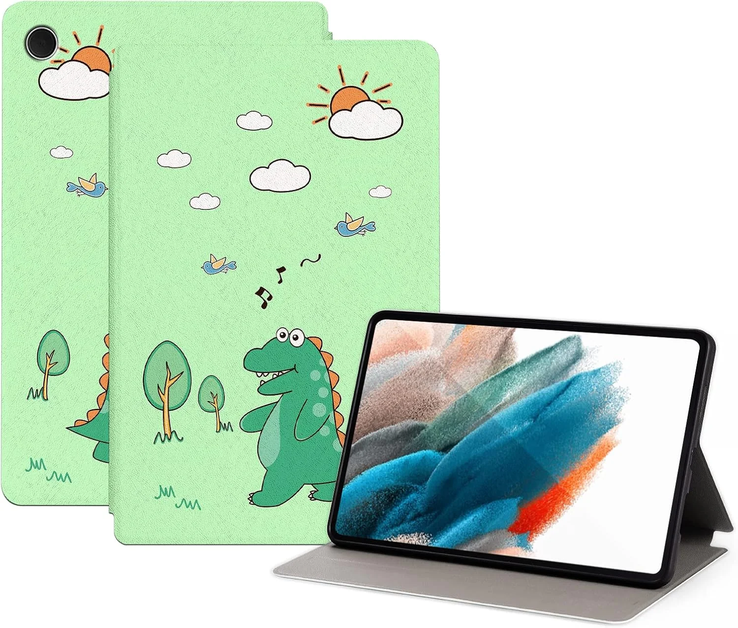 کیف محافظ طرح دار Nuouxoco برای تبلت سامسونگ گلکسی تب A8 با صفحه نمایش 10.5 اینچی (مدل SM-X200/X205/X207) مدل 2022، کاور محافظ ضد ضربه تمام بدنه با قابلیت تاشوندگی - طرح دایناسور بامزه