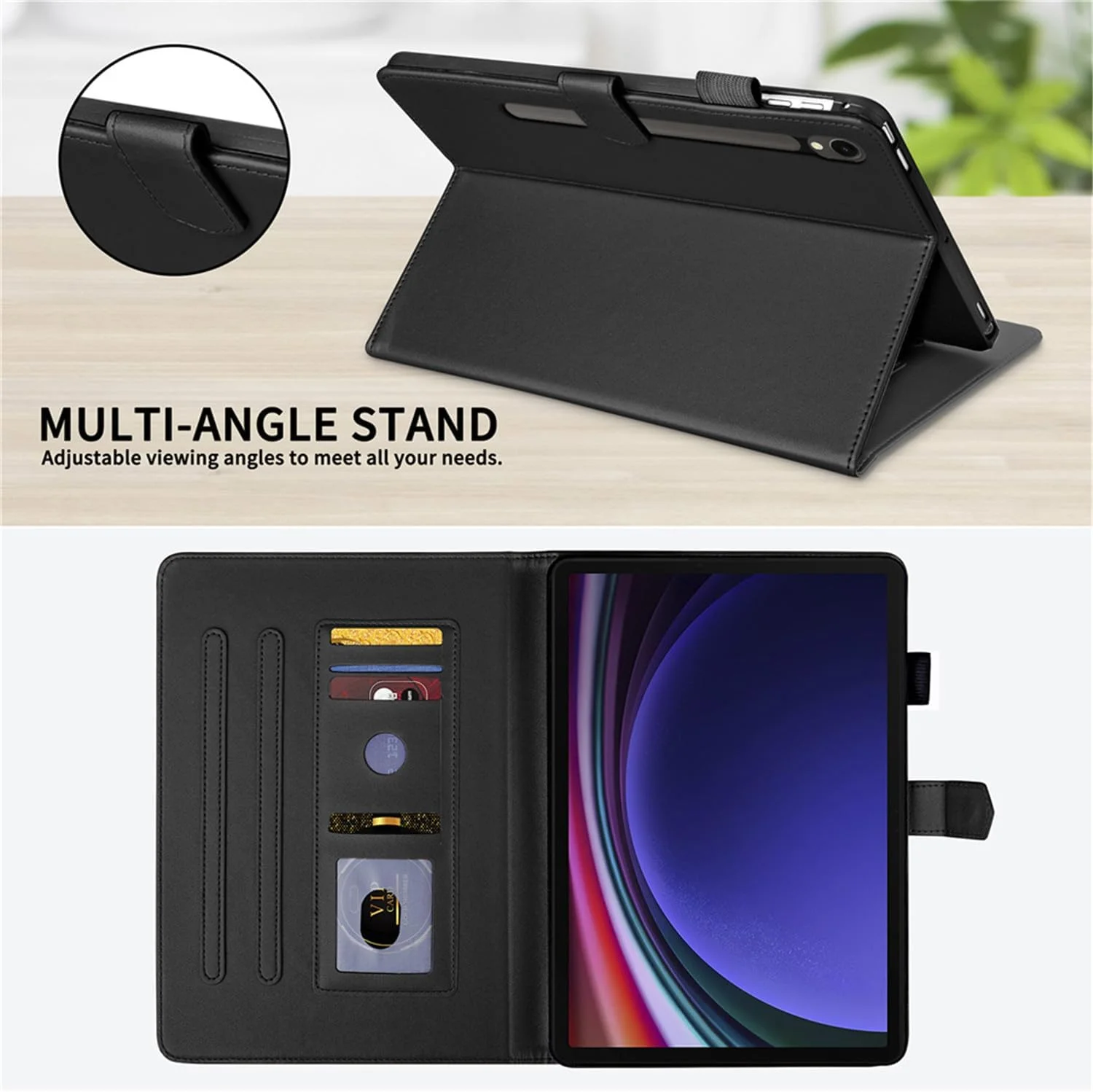 کیف محافظ تبلت سامسونگ گلکسی تب S10 FE Plus/S10 FE+ سایز ۱۳.۱ اینچ مدل X620 / X626B، کیف پول چرمی PU با پایه نگهدارنده و پوشش ضد لغزش (مشکی)