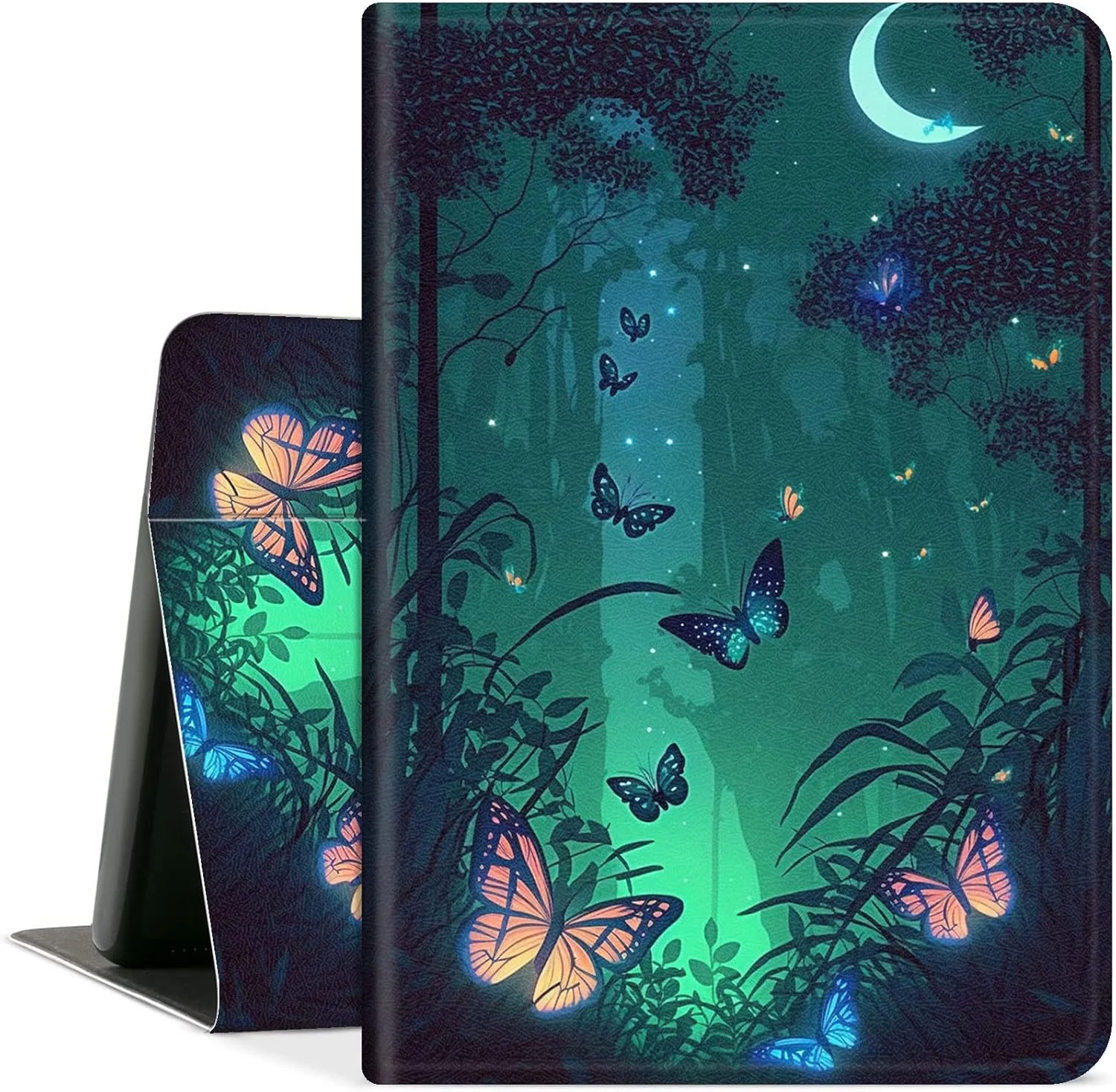 کیف تبلت سامسونگ گلکسی تب A8 10.5 اینچ مدل 2022، جلد چرمی PU با قابلیت استند و حالت خواب/بیدار خودکار برای گلکسی تب A8 10.5 اینچ مدل 2022 [SM-X200/X205/X207]، طرح پروانه در جنگل سبز