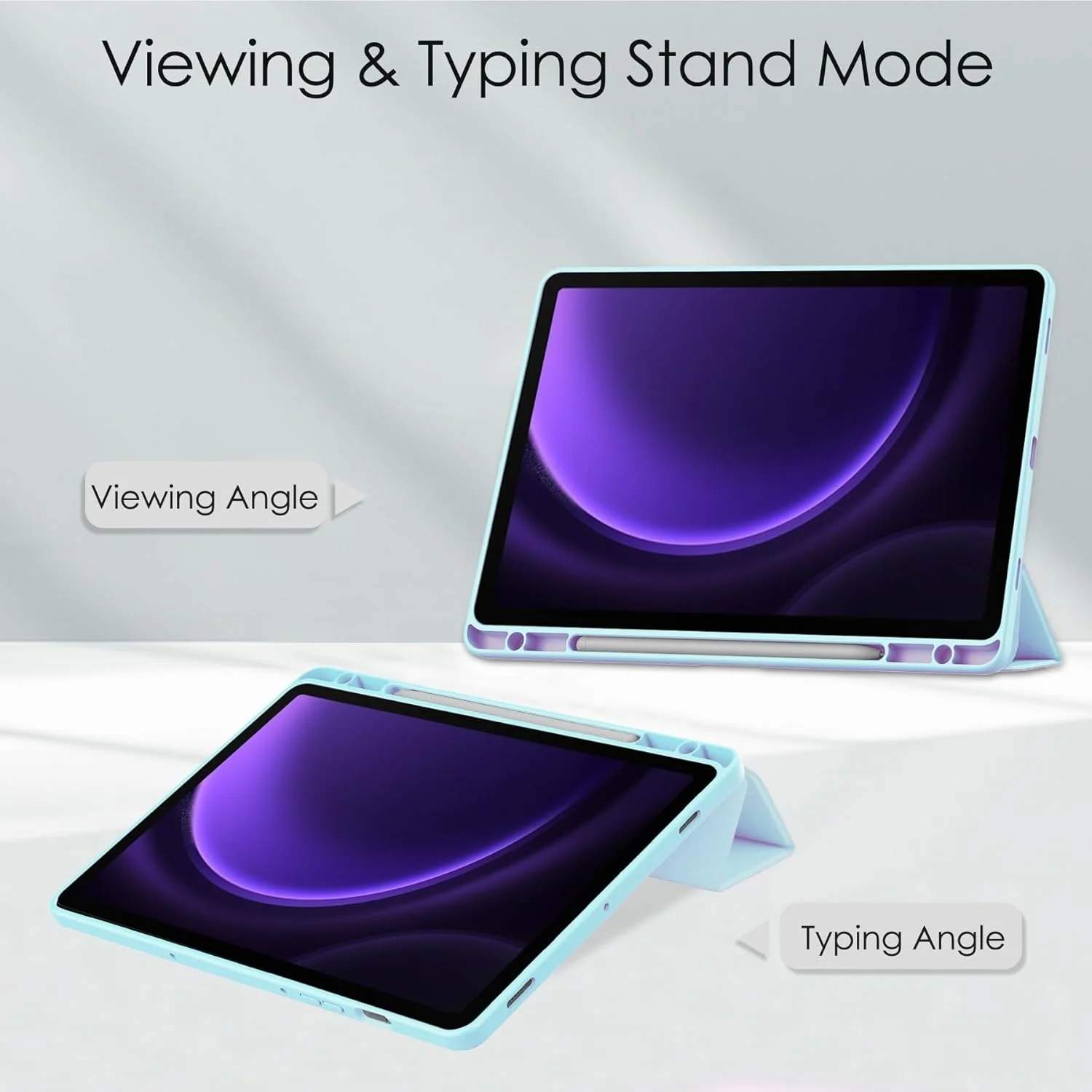 کاور هوشمند تبلت سه تایی سازگار با تبلت سامسونگ گلکسی تب S9 FE 11 اینچ SM-X510/SM-X516، کاور محافظ پشتی شفاف باریک TPU با پایه و جای مدادی، ضد ضربه، با قابلیت بیدار/خواب خودکار. آبی آسمانی کاور هوشمند تبلت سه تایی سازگار با تبلت سامسونگ گلکسی تب S9 FE 11 اینچ SM-X510/SM-X516، کاور محافظ پشتی شفاف باریک TPU با پایه و جای مدادی، ضد ضربه، با قابلیت بیدار/خواب خودکار. آبی آسمانی