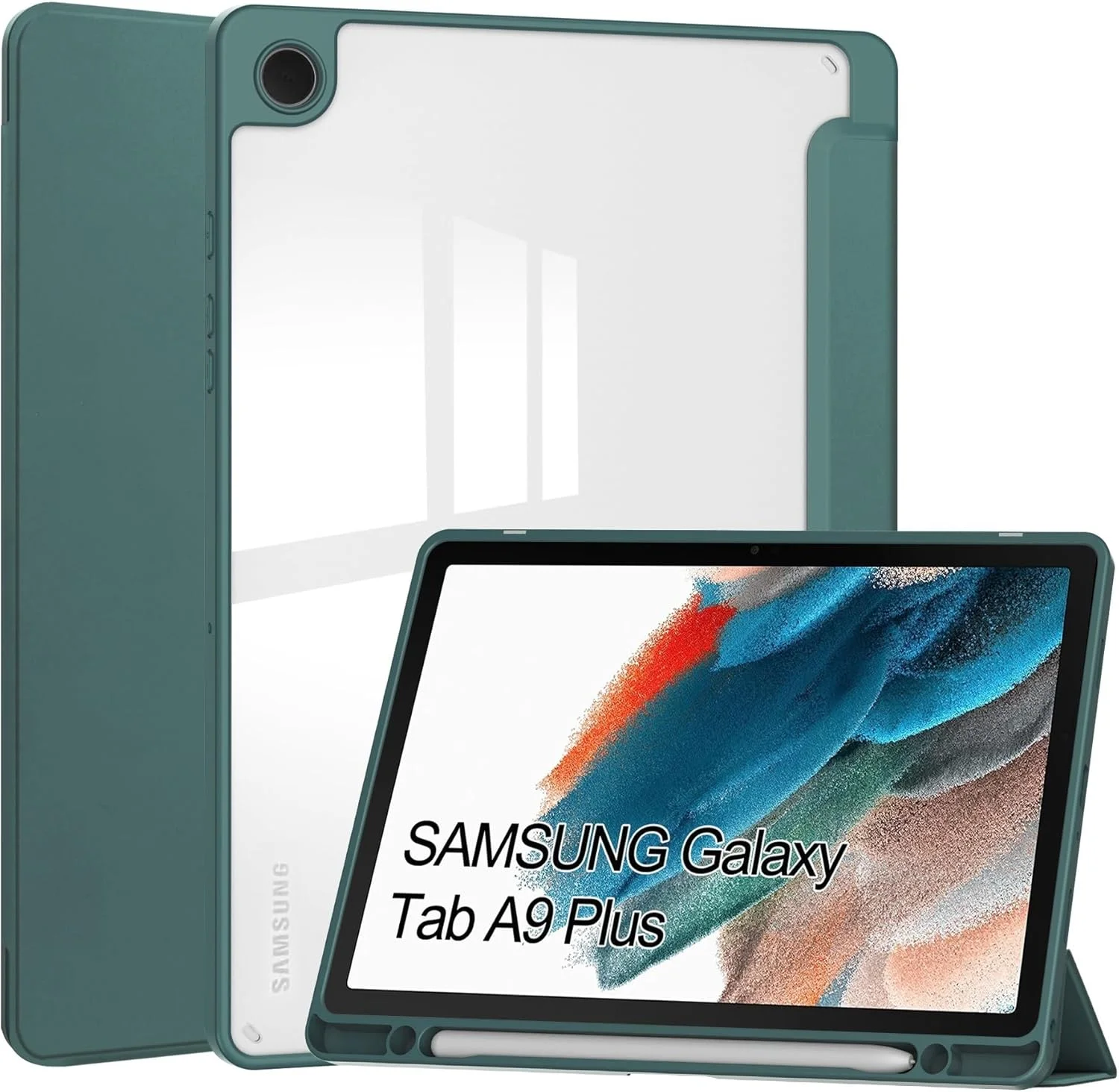 کاور هوشمند تبلت سه تایی سازگار با تبلت سامسونگ گلکسی تب A9 پلاس 11 اینچ مدل SM-X210/216/X218، کاور محافظ نازک TPU با پشت شفاف و استند به همراه جای مدادی، ضد ضربه، قابلیت بیدار شدن/به خواب رفتن خودکار. سبز تیره کاور هوشمند تبلت سه تایی سازگار با تبلت سامسونگ گلکسی تب A9 پلاس 11 اینچ مدل SM-X210/216/X218، کاور محافظ نازک TPU با پشت شفاف و استند به همراه جای مدادی، ضد ضربه، قابلیت بیدار شدن/به خواب رفتن خودکار. سبز تیره