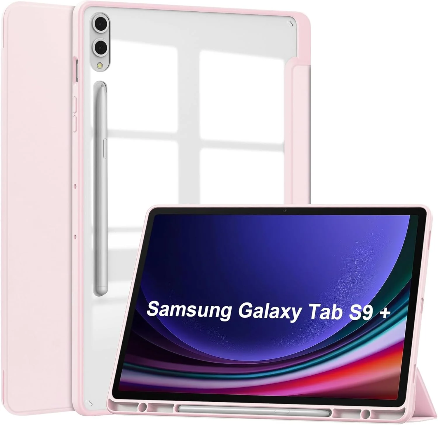 کاور هوشمند تبلت سه تایی سازگار با Samsung Galaxy Tab S9 Plus 12.4 اینچ 2023 SM-X810/X816/X818، کاور پشتی شفاف باریک TPU با پایه نگهدارنده مداد، ضد ضربه، بیدار/خواب خودکار. صورتی کاور هوشمند تبلت سه تایی سازگار با Samsung Galaxy Tab S9 Plus 12.4 اینچ 2023 SM-X810/X816/X818، کاور پشتی شفاف باریک TPU با پایه نگهدارنده مداد، ضد ضربه، بیدار/خواب خودکار. صورتی