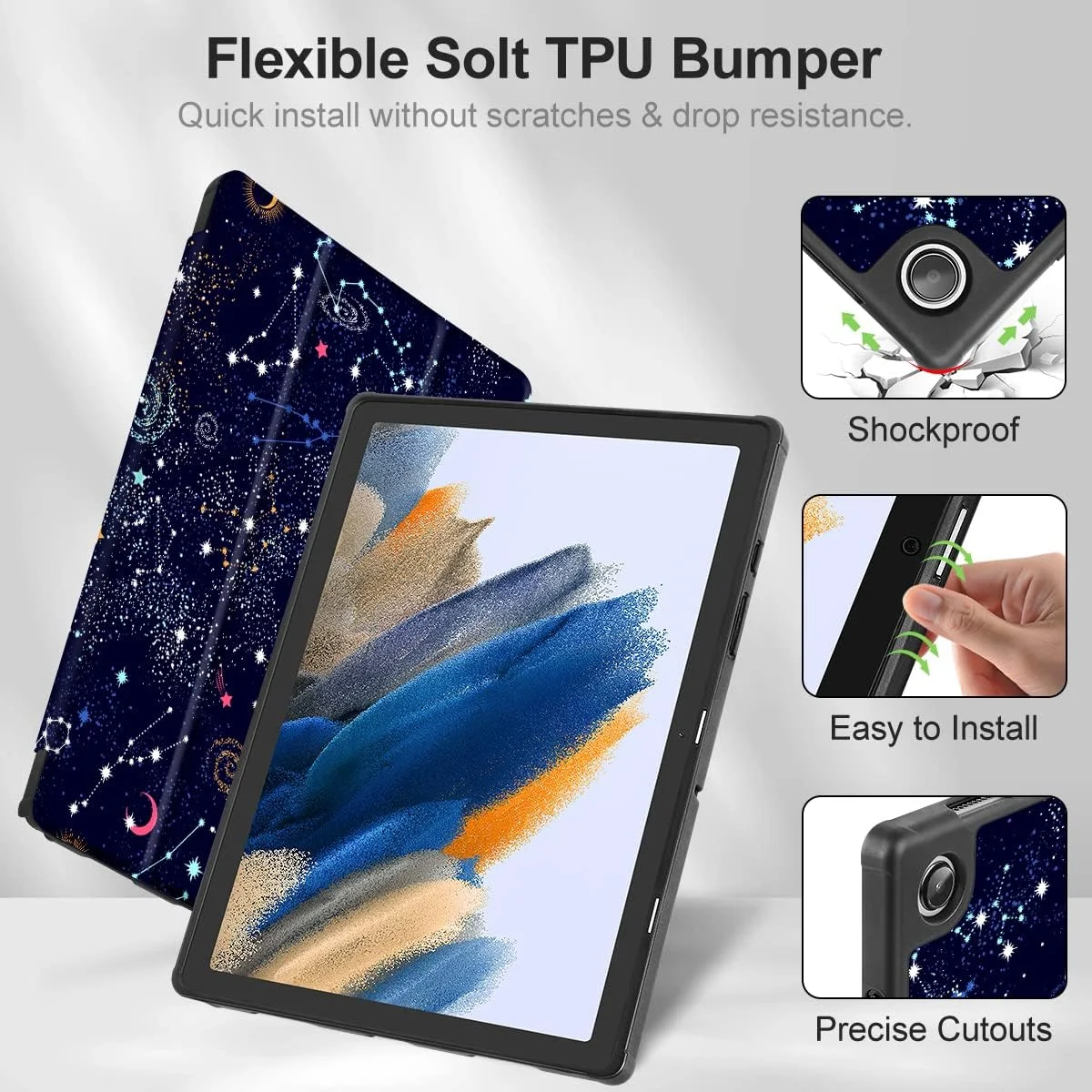 کیف تبلت سامسونگ گلکسی تب A8 تویکلول، کیف تبلت 10.5 اینچی سامسونگ مدل 2022، قاب پشتی سخت TPU باریک، دارای جای مداد داخلی، روکش سه تایی با قابلیت استند و حالت خواب/بیدار خودکار برای مدل A8 SM-X200/X205/X207، طرح ستاره شمال