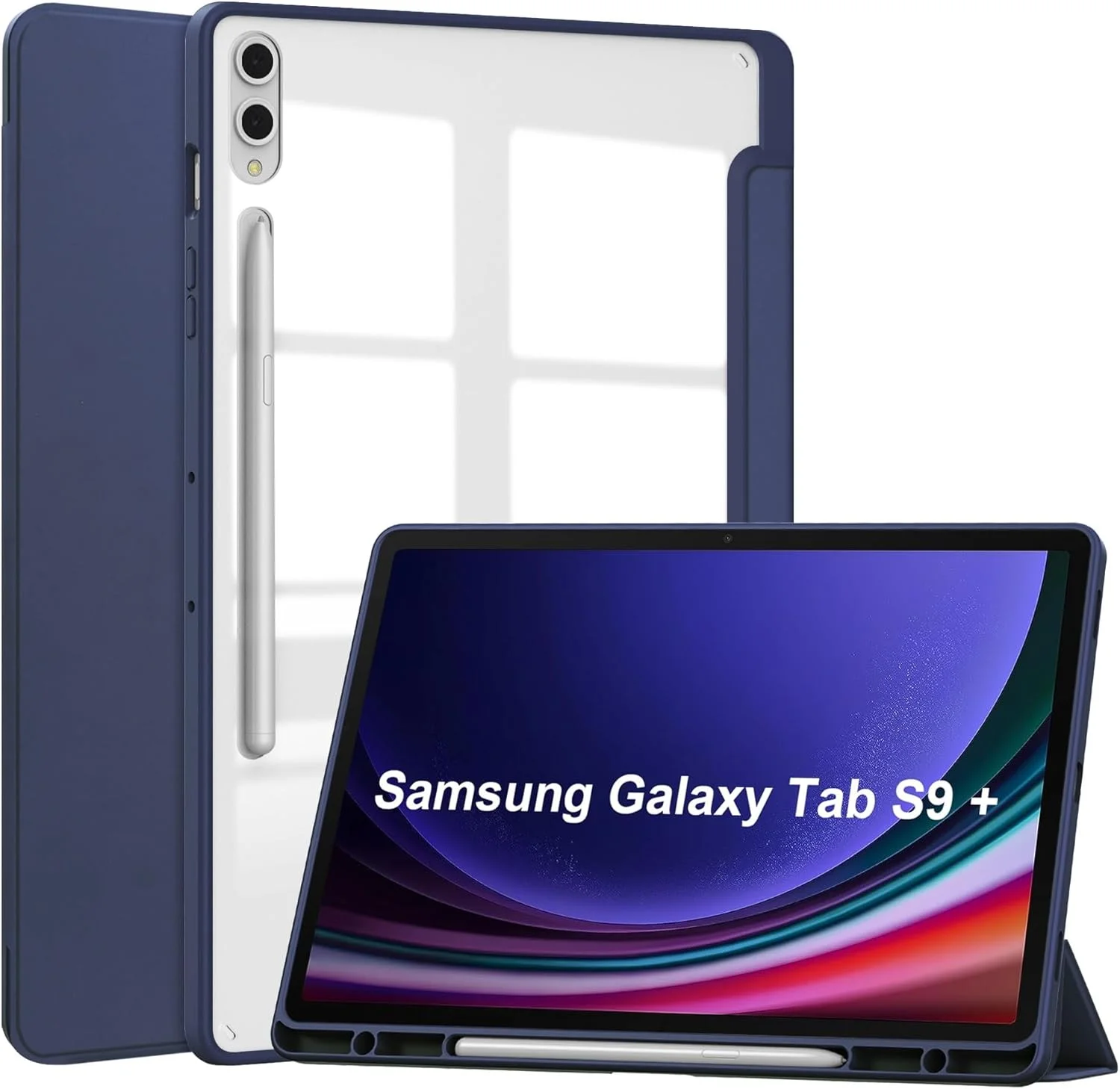 کاور هوشمند تبلت سه تایی سازگار با Samsung Galaxy Tab S9 Plus 12.4 اینچی 2023 SM-X810/X816/X818، کاور پشتی شفاف باریک TPU با پایه نگهدارنده قلم، ضد ضربه، بیدار/خواب خودکار. آبی تیره کاور هوشمند تبلت سه تایی سازگار با Samsung Galaxy Tab S9 Plus 12.4 اینچی 2023 SM-X810/X816/X818، کاور پشتی شفاف باریک TPU با پایه نگهدارنده قلم، ضد ضربه، بیدار/خواب خودکار. آبی تیره
