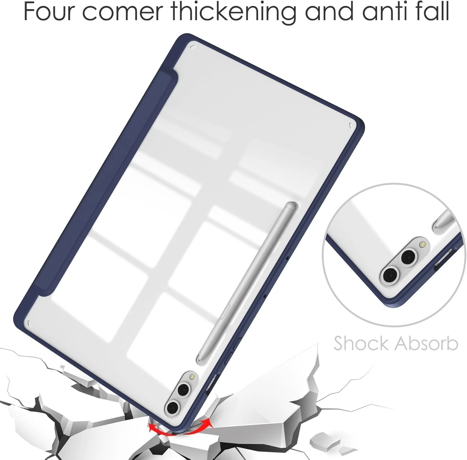 کاور هوشمند تبلت سه تایی سازگار با Samsung Galaxy Tab S9 Plus 12.4 اینچی 2023 SM-X810/X816/X818، کاور پشتی شفاف باریک TPU با پایه نگهدارنده قلم، ضد ضربه، بیدار/خواب خودکار. آبی تیره کاور هوشمند تبلت سه تایی سازگار با Samsung Galaxy Tab S9 Plus 12.4 اینچی 2023 SM-X810/X816/X818، کاور پشتی شفاف باریک TPU با پایه نگهدارنده قلم، ضد ضربه، بیدار/خواب خودکار. آبی تیره