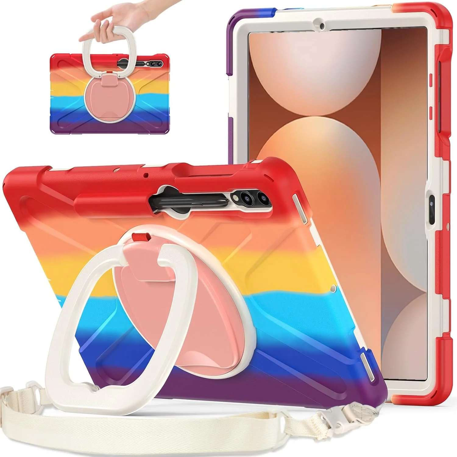 کاور محافظ تبلت سازگار با تبلت سامسونگ گلکسی تب S9 FE+/S9+ 12.4 اینچ 2023 مدل SM-X610/X616B/X810/X816B/X818U، کاور مقاوم در برابر ضربه با پایه چرخان 360 درجه، بند دستی/شانه ای، مناسب تبلت های سنگین کاور محافظ تبلت سازگار با تبلت سامسونگ گلکسی تب S9 FE+/S9+ 12.4 اینچ 2023 مدل SM-X610/X616B/X810/X816B/X818U، کاور مقاوم در برابر ضربه با پایه چرخان 360 درجه، بند دستی/شانه ای، مناسب تبلت های سنگین