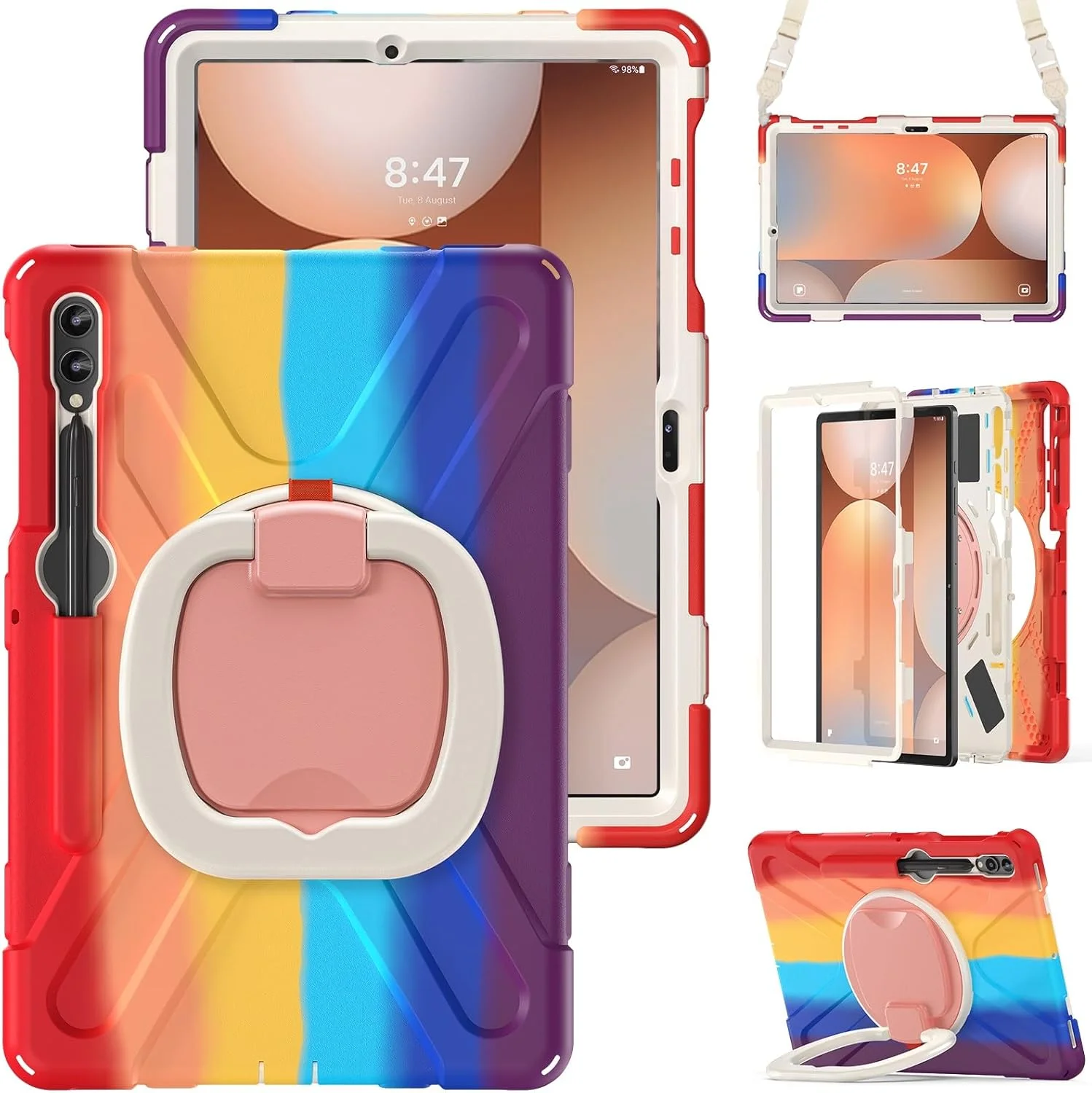 کاور محافظ تبلت سازگار با تبلت سامسونگ گلکسی تب S9 FE+/S9+ 12.4 اینچ 2023 مدل SM-X610/X616B/X810/X816B/X818U، کاور مقاوم در برابر ضربه با پایه چرخان 360 درجه، بند دستی/شانه ای، مناسب تبلت های سنگین کاور محافظ تبلت سازگار با تبلت سامسونگ گلکسی تب S9 FE+/S9+ 12.4 اینچ 2023 مدل SM-X610/X616B/X810/X816B/X818U، کاور مقاوم در برابر ضربه با پایه چرخان 360 درجه، بند دستی/شانه ای، مناسب تبلت های سنگین