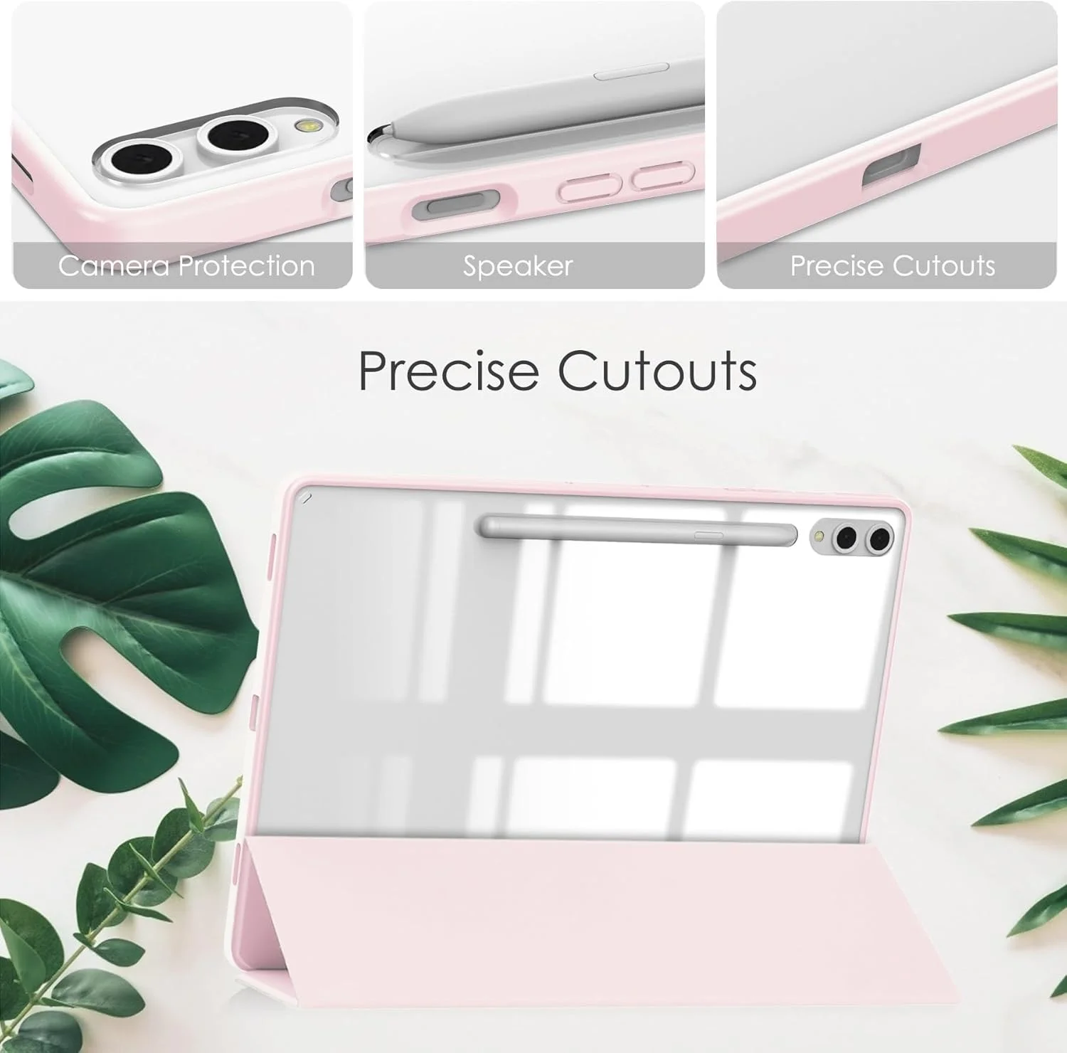 کاور هوشمند تبلت سه تایی سازگار با تبلت سامسونگ گلکسی تب S9 پلاس 12.4 اینچ 2023 مدل SM-X810/X816/X818، کاور پشتی شفاف و باریک TPU با استند و جای مداد، ضد ضربه، با قابلیت بیدار/خواب خودکار. صورتی کاور هوشمند تبلت سه تایی سازگار با تبلت سامسونگ گلکسی تب S9 پلاس 12.4 اینچ 2023 مدل SM-X810/X816/X818، کاور پشتی شفاف و باریک TPU با استند و جای مداد، ضد ضربه، با قابلیت بیدار/خواب خودکار. صورتی