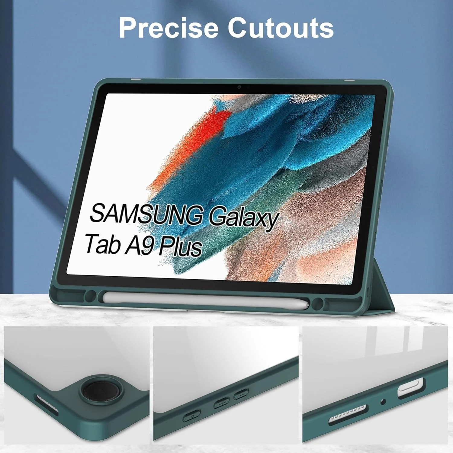 کاور هوشمند تبلت سه تایی سازگار با تبلت سامسونگ گلکسی تب A9 پلاس 11 اینچ SM-X210/216/X218، کاور محافظ باریک و شفاف TPU با پایه و جای مدادی، ضد ضربه، با قابلیت بیدار شدن/خواب خودکار. سبز تیره کاور هوشمند تبلت سه تایی سازگار با تبلت سامسونگ گلکسی تب A9 پلاس 11 اینچ SM-X210/216/X218، کاور محافظ باریک و شفاف TPU با پایه و جای مدادی، ضد ضربه، با قابلیت بیدار شدن/خواب خودکار. سبز تیره