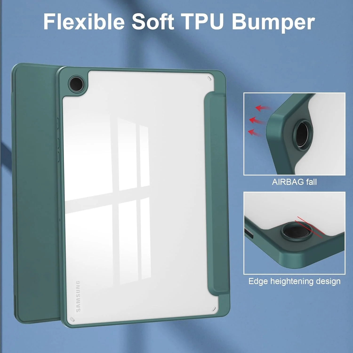 کاور هوشمند تبلت سه تایی سازگار با تبلت سامسونگ گلکسی تب A9 پلاس 11 اینچ SM-X210/216/X218، کاور محافظ باریک و شفاف TPU با پایه و جای مدادی، ضد ضربه، با قابلیت بیدار شدن/خواب خودکار. سبز تیره کاور هوشمند تبلت سه تایی سازگار با تبلت سامسونگ گلکسی تب A9 پلاس 11 اینچ SM-X210/216/X218، کاور محافظ باریک و شفاف TPU با پایه و جای مدادی، ضد ضربه، با قابلیت بیدار شدن/خواب خودکار. سبز تیره