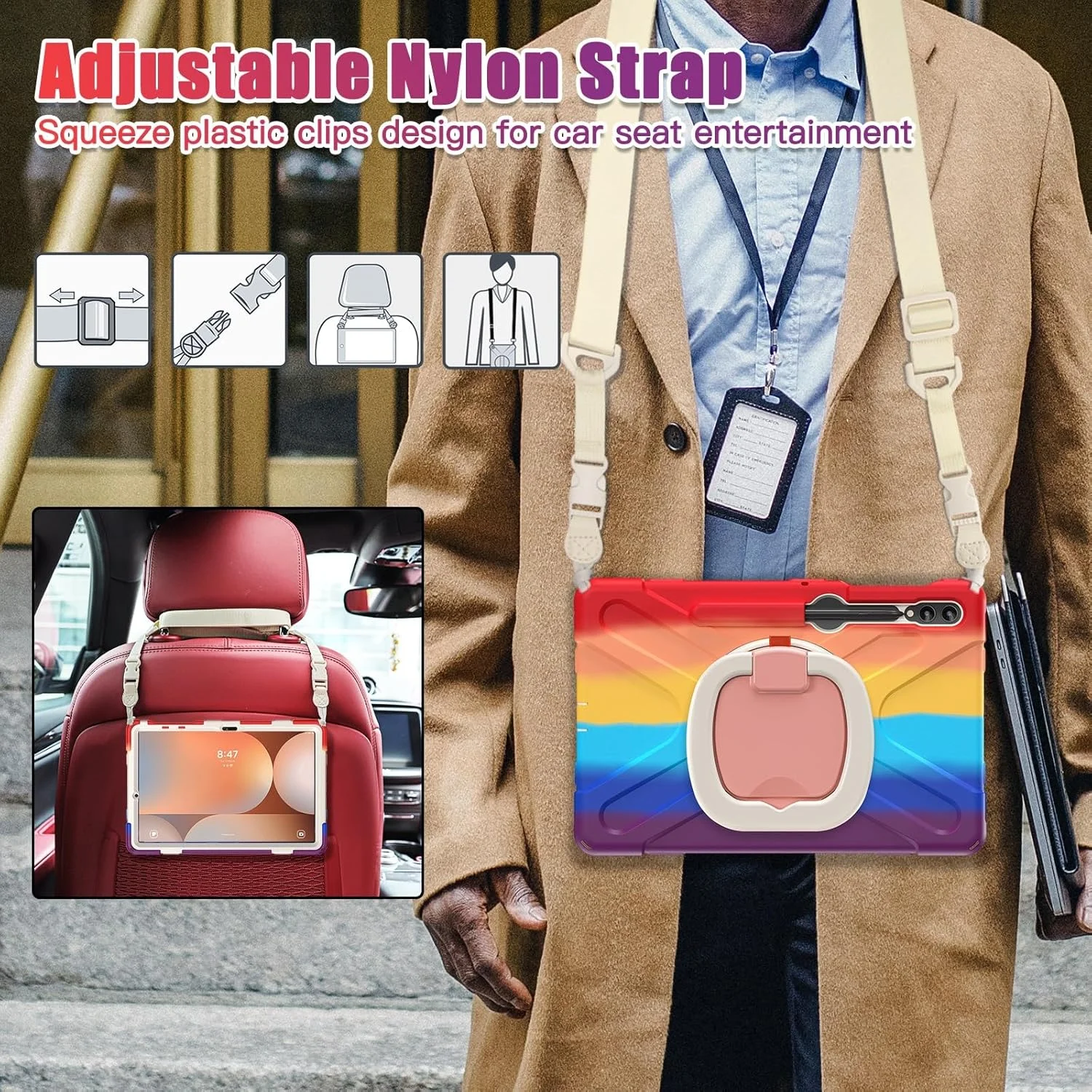 کاور محافظ تبلت سازگار با تبلت سامسونگ گلکسی تب S9 FE+/S9+ 12.4 اینچ 2023 مدل SM-X610/X616B/X810/X816B/X818U، کاور مقاوم در برابر ضربه با پایه چرخان 360 درجه، بند دستی/شانه ای، مناسب تبلت های سنگین کاور محافظ تبلت سازگار با تبلت سامسونگ گلکسی تب S9 FE+/S9+ 12.4 اینچ 2023 مدل SM-X610/X616B/X810/X816B/X818U، کاور مقاوم در برابر ضربه با پایه چرخان 360 درجه، بند دستی/شانه ای، مناسب تبلت های سنگین