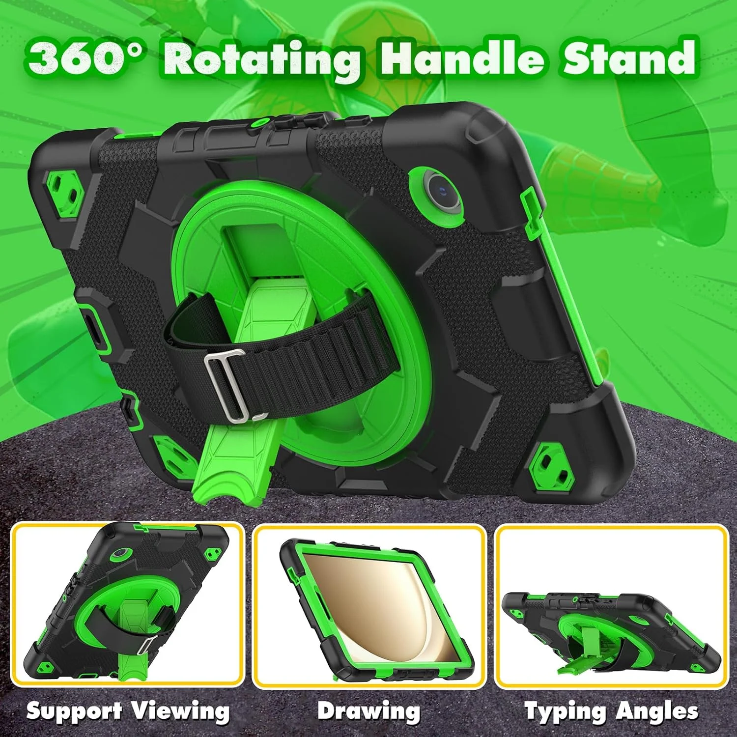 کیف تبلت nincyee برای Samsung Galaxy Tab A9 8.7 اینچ 2023، قاب سیلیکونی مقاوم در برابر ضربه طرح عنکبوتی قهرمان رنگین کمانی کودکانه با نگهدارنده قلم، بند شانه، پایه تاشو چرخشی، بند دستی