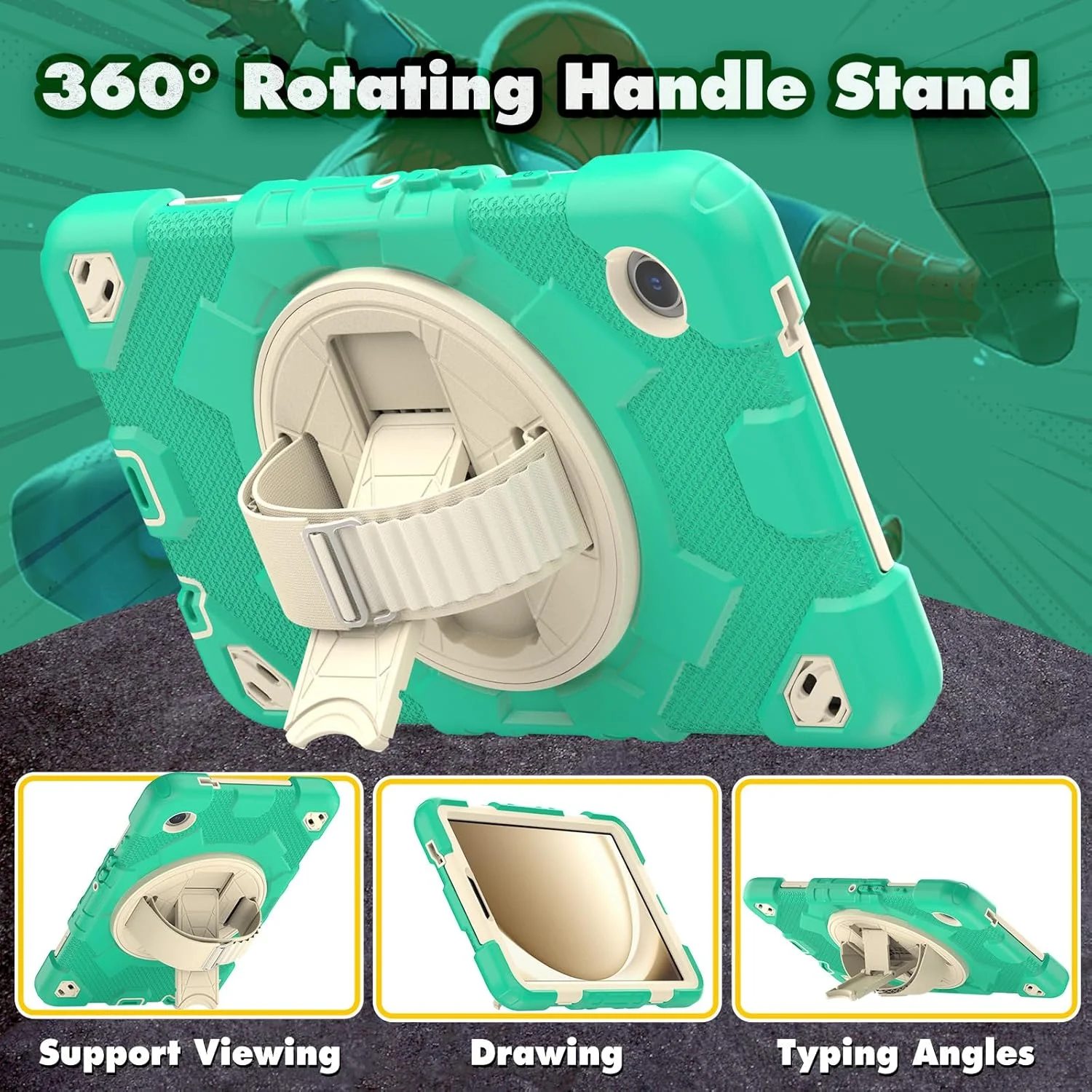 کیف تبلت nincyee برای Samsung Galaxy Tab A9 8.7 اینچ 2023، کیف سیلیکونی رنگین کمانی طرح قهرمان عنکبوتی مقاوم در برابر ضربه برای کودکان با نگهدارنده قلم، بند شانه، پایه تاشو چرخشی و بند دستی