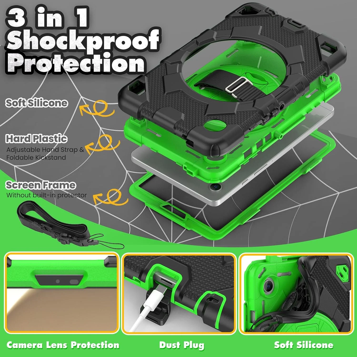 کیف تبلت nincyee برای Samsung Galaxy Tab A9 8.7 اینچ 2023، قاب سیلیکونی مقاوم در برابر ضربه طرح عنکبوتی قهرمان رنگین کمانی کودکانه با نگهدارنده قلم، بند شانه، پایه تاشو چرخشی، بند دستی