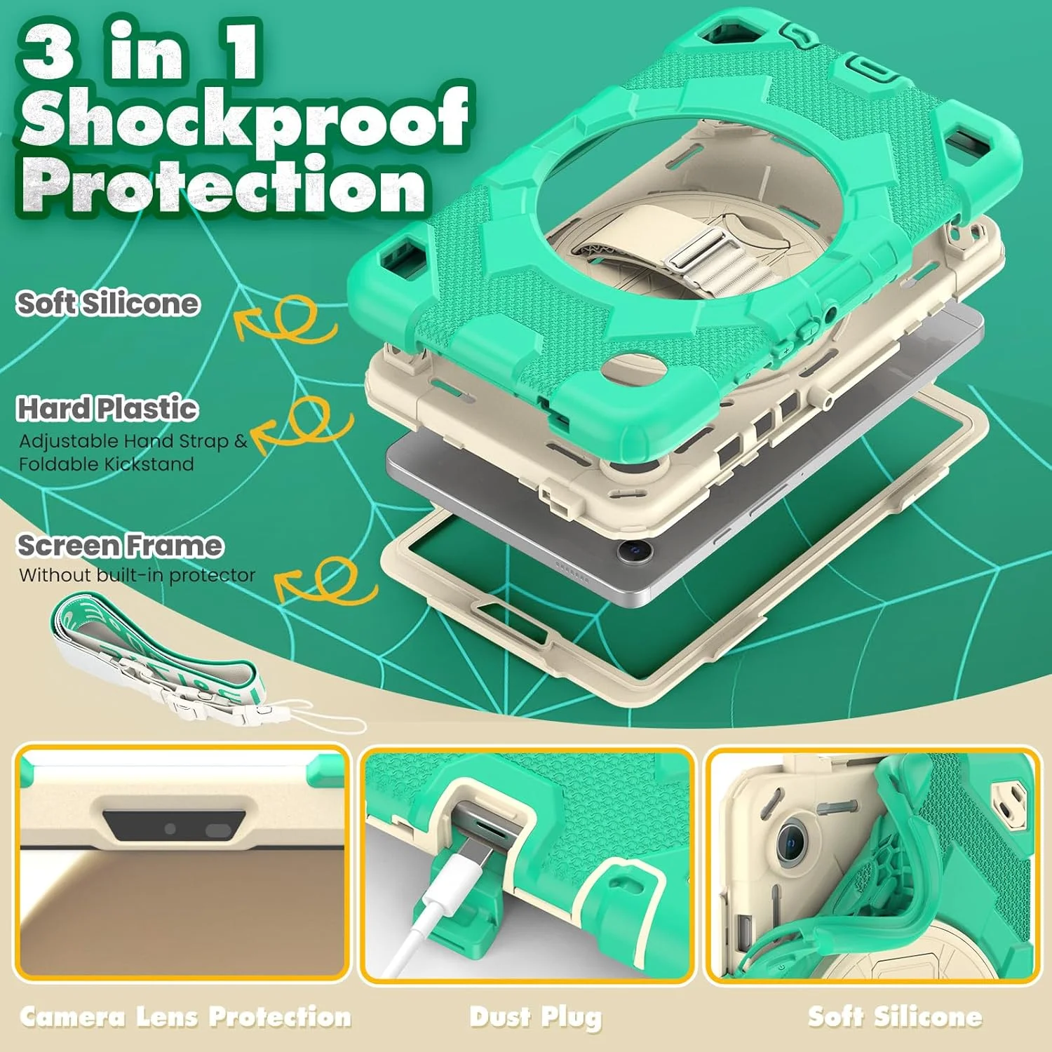 کیف تبلت nincyee برای Samsung Galaxy Tab A9 8.7 اینچ 2023، کیف سیلیکونی رنگین کمانی طرح قهرمان عنکبوتی مقاوم در برابر ضربه برای کودکان با نگهدارنده قلم، بند شانه، پایه تاشو چرخشی و بند دستی