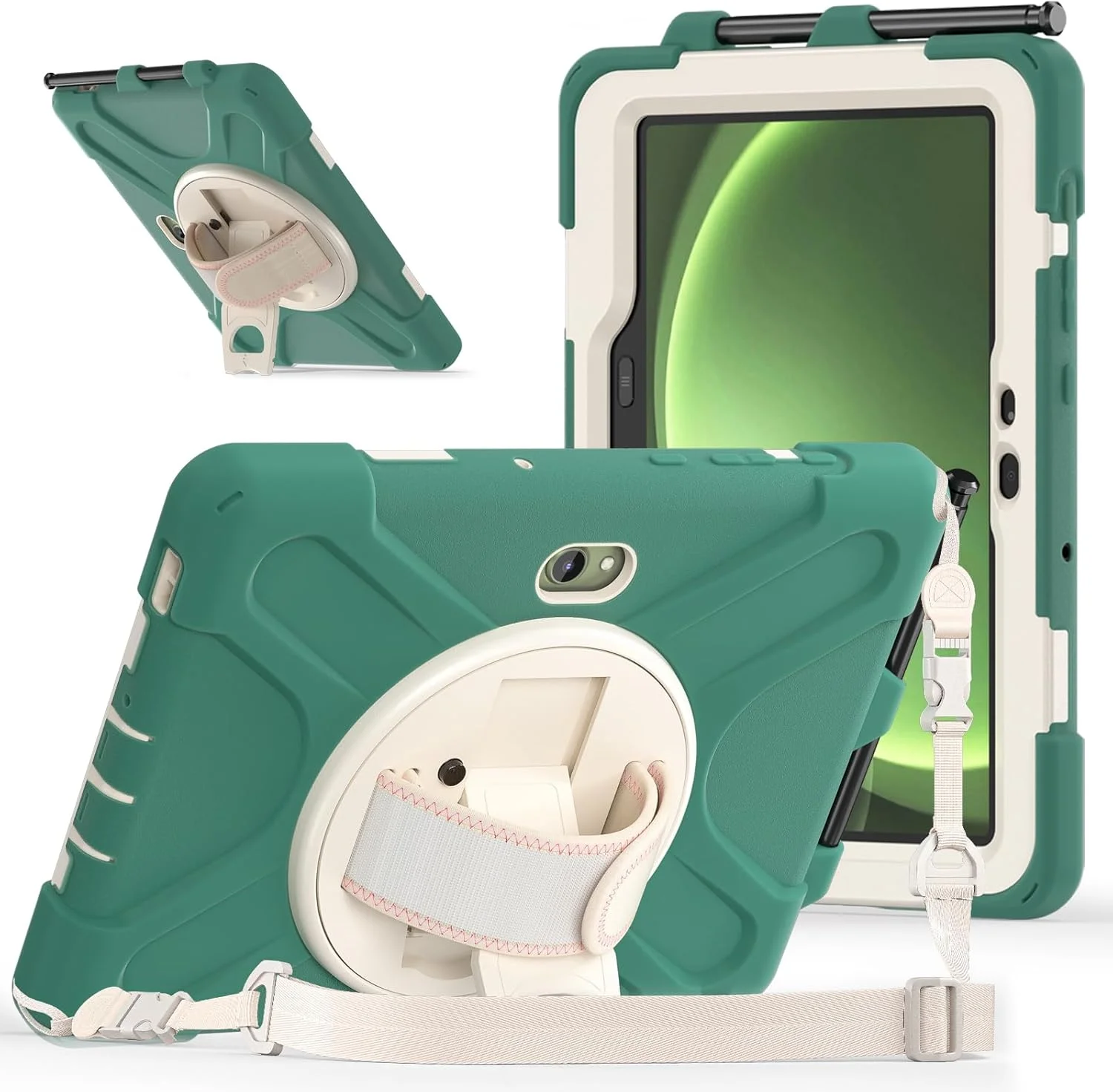 کاور تبلت Gruattreay مناسب برای تبلت سامسونگ گلکسی تب اکتیو 5 پرو 10.1 اینچ 2025، دارای بند چرخشی 360 درجه و استند، کاور سیلیکونی مقاوم در برابر ضربه با بند شانه (سبز)