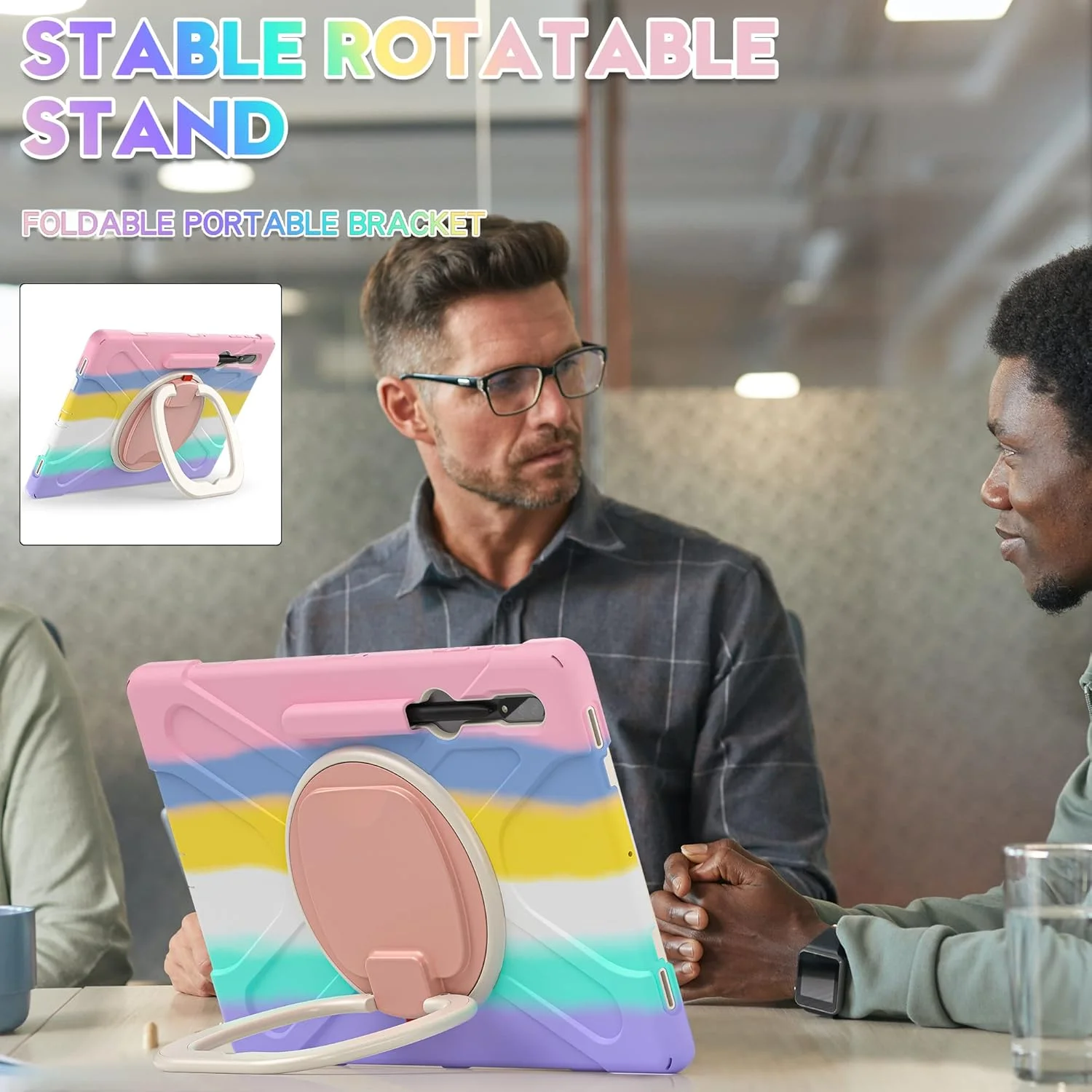 کیف محافظ سنگین PboyiqiS برای گلکسی تب S9 پلاس/تب S9 FE پلاس 2023، کیف تبلت مقاوم هایبرید با پایه چرخان 360 درجه/بند شانه، کیف ضد ضربه کودکانه (صورتی رنگارنگ)
