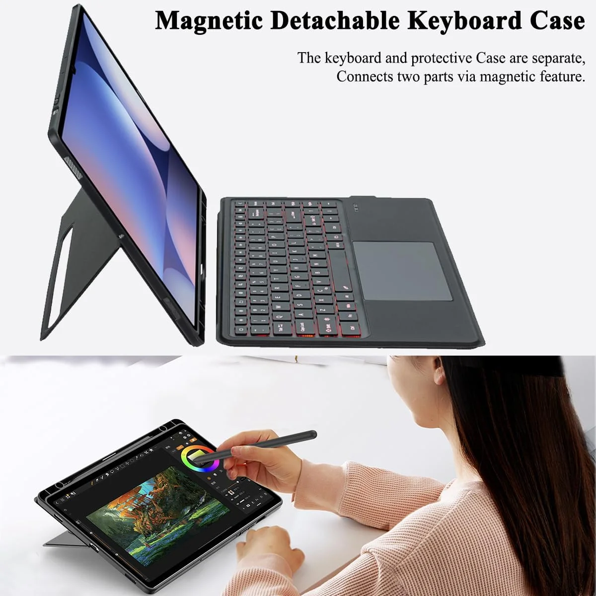 【فارسی】کیبورد جادویی جداشدنی برای تبلت 14.6 اینچی سامسونگ گلکسی تب S10 Ultra/S9 Ultra/S8 Ultra، کاور کیبورد بلوتوثی مغناطیسی سامسونگ تب با پایه، ترک‌پد چند لمسی، نور پس‌زمینه 7 رنگ
