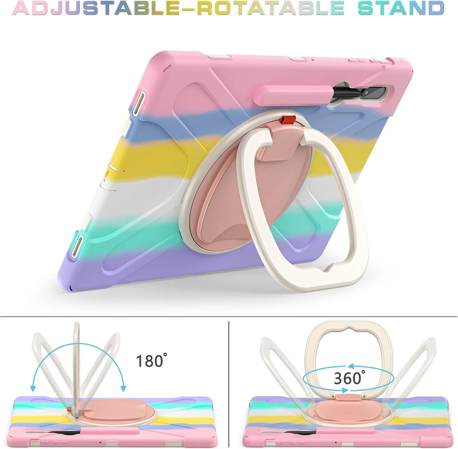 کیف محافظ سنگین PboyiqiS برای گلکسی تب S9 پلاس/تب S9 FE پلاس 2023، کیف تبلت مقاوم هایبرید با پایه چرخان 360 درجه/بند شانه، کیف ضد ضربه کودکانه (صورتی رنگارنگ)