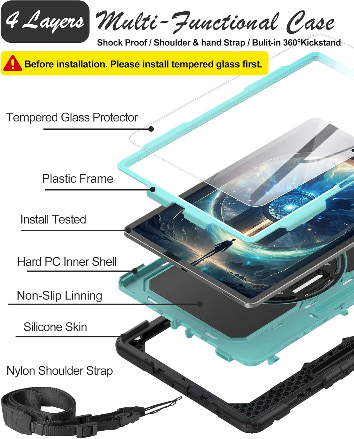 کیف تبلت BASE MALL برای Samsung Galaxy Tab S10 FE+/ S10 FE Plus 5G 13.1 اینچ 2025 [به همراه محافظ صفحه نمایش شیشه ای حرارت دیده], دارای پایه چرخان/نگهدارنده قلم S/بند شانه و دست (آبی آسمانی)