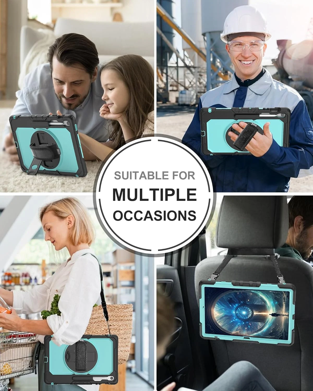 کیف تبلت BASE MALL برای Samsung Galaxy Tab S10 FE+/ S10 FE Plus 5G 13.1 اینچ 2025 [به همراه محافظ صفحه نمایش شیشه ای حرارت دیده], دارای پایه چرخان/نگهدارنده قلم S/بند شانه و دست (آبی آسمانی)