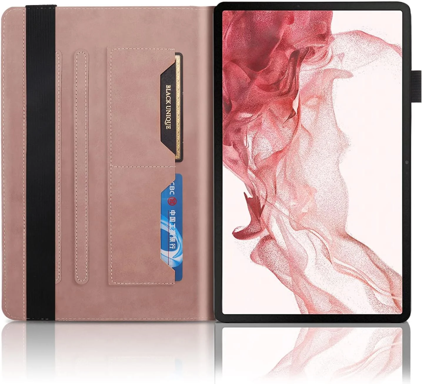 کاور تبلت سامسونگ گلکسی تب S8+ سایز 12.4 اینچ مدل 2022 (SM-X800/SM-X806)، کاور محافظ تبلت S7+/S7 FE دارای جای قلم و کیف پول، مناسب برای تبلت سامسونگ گلکسی تب S8 پلاس، رزگلد